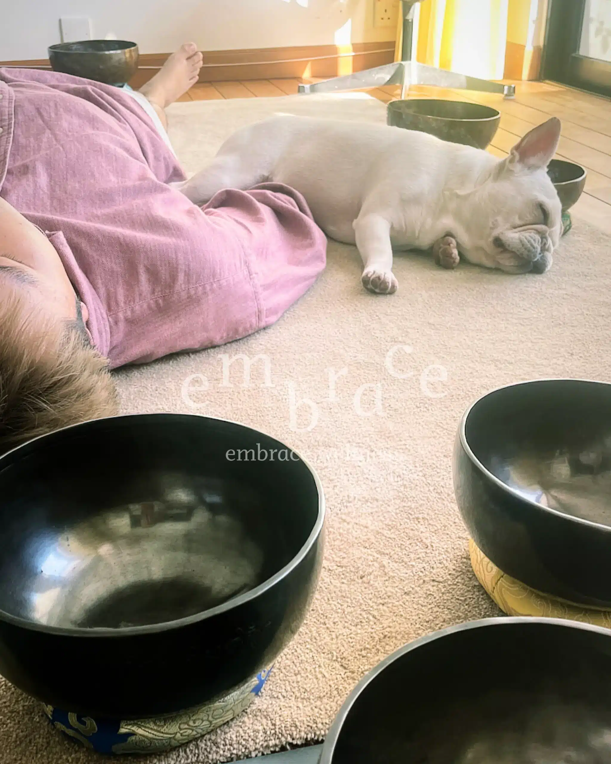 Client and dog relaxing together during a private sound healing session with Tibetan singing bowls – holistic wellness at Embrace Wellness Newbury