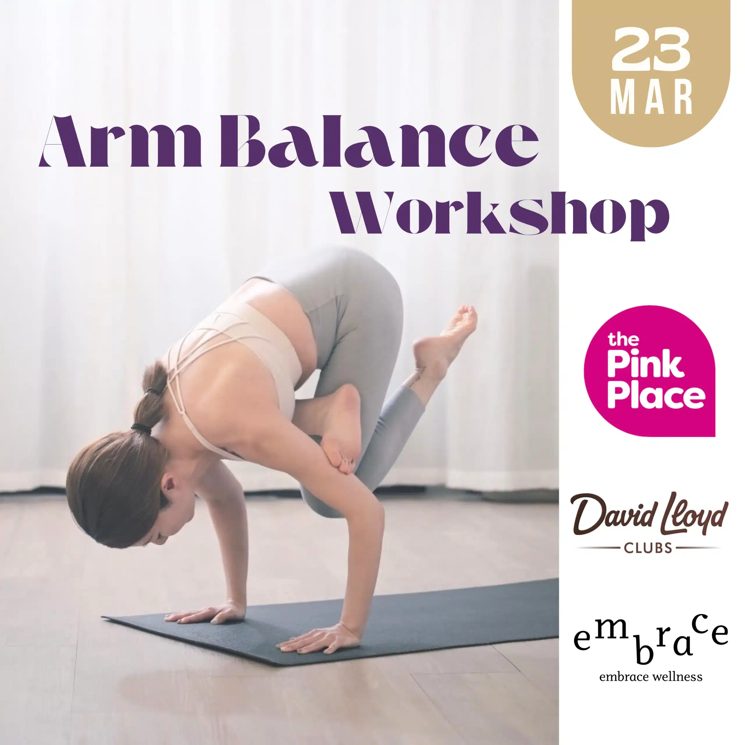 Yoga teacher Manlee's Arm Balance Workshop on 23 March 2026 at David Lloyd Newbury, in aid of The Pink Place — an all-levels yoga workshop by Embrace Wellness in Newbury, Berkshire.