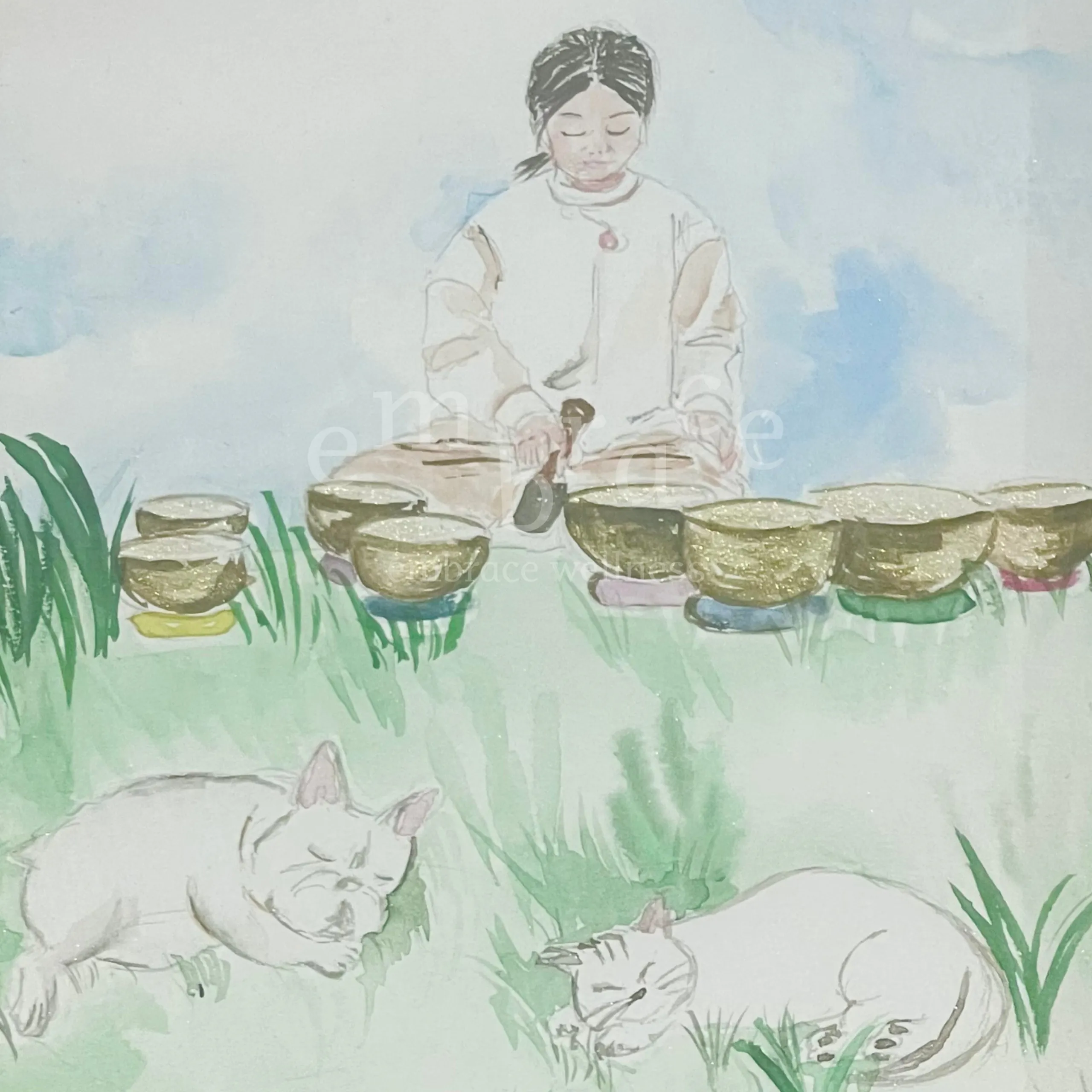 Watercolour illustration of a woman playing Tibetan singing bowls – sound healing and holistic wellness art