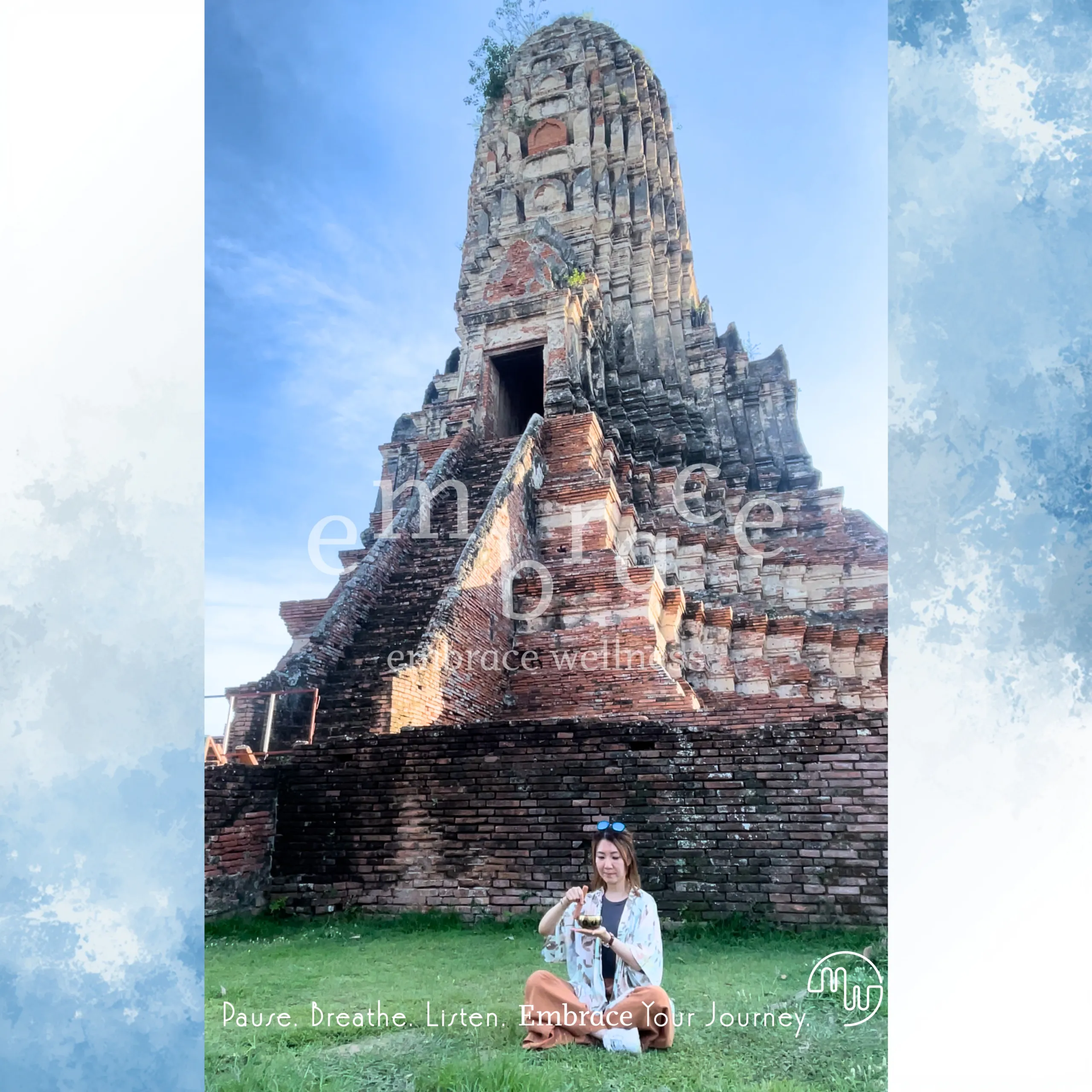 Manlee W at an ancient temple – holistic yoga and wellness practitioner inspired by Eastern traditions