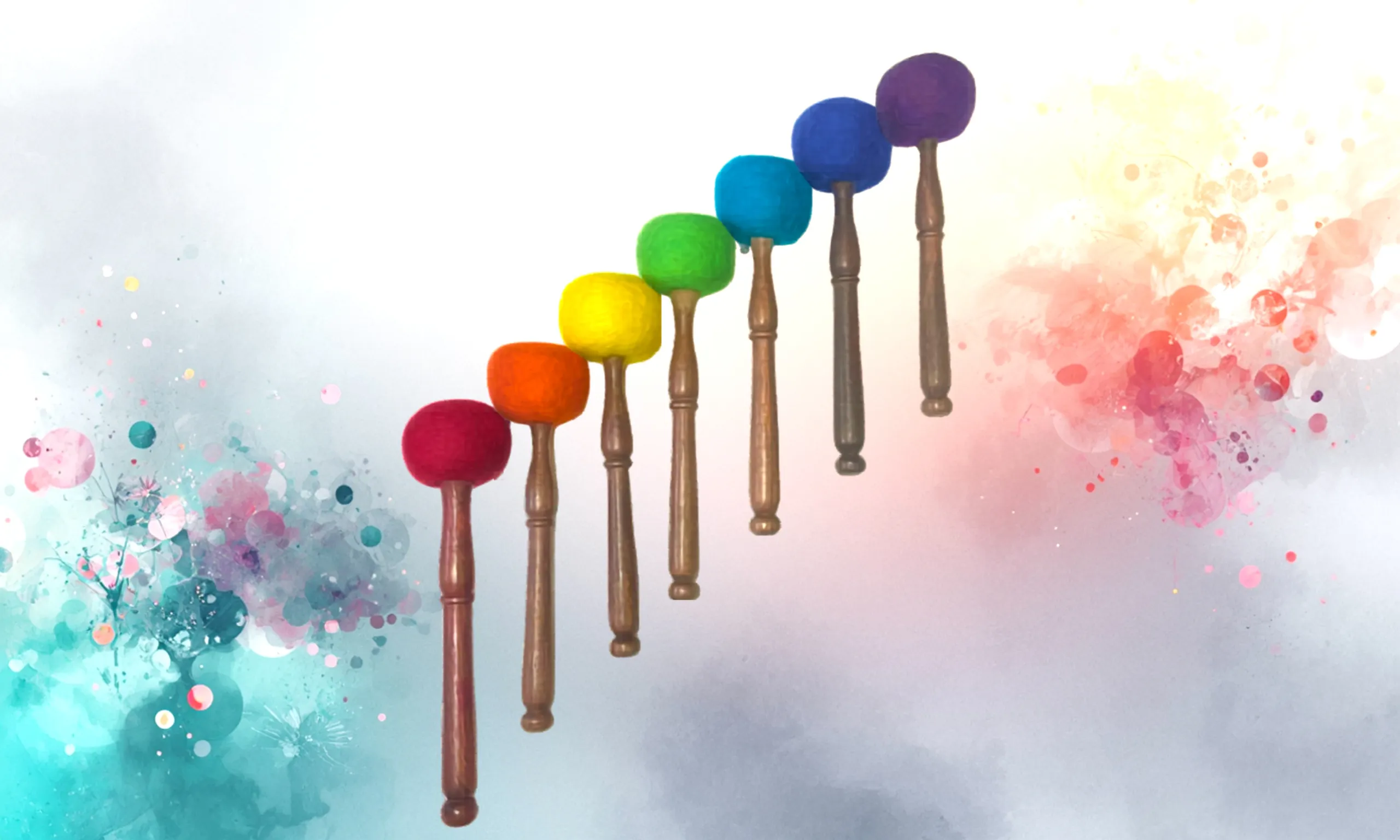 Set of seven rainbow colourful felt mallets for singing bowls, handcrafted for meditation and sound therapy practice.
