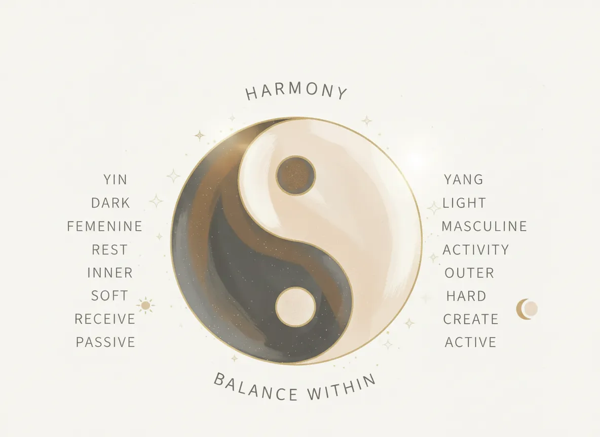 Soft minimalist Yin‑Yang illustration in warm neutral tones showing the balance of Yin and Yang energies, including qualities like dark, moon, feminine, rest, inner, softness, and receive, alongside light, sun, masculine, activity, outer, hard, and create.