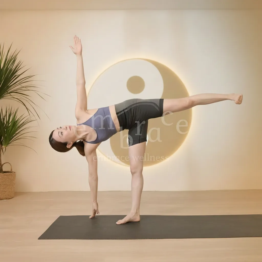 Manlee W, yoga teacher from Newbury Berkshire, in Half Moon Pose, demonstrating breath‑led movement, balance, and mindful strength.