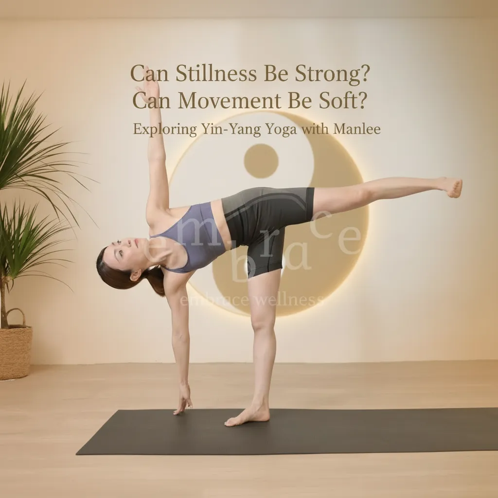 Manlee W, yoga teacher from Newbury Berkshire, in Half Moon Pose, demonstrating breath‑led movement, balance, and mindful strength.