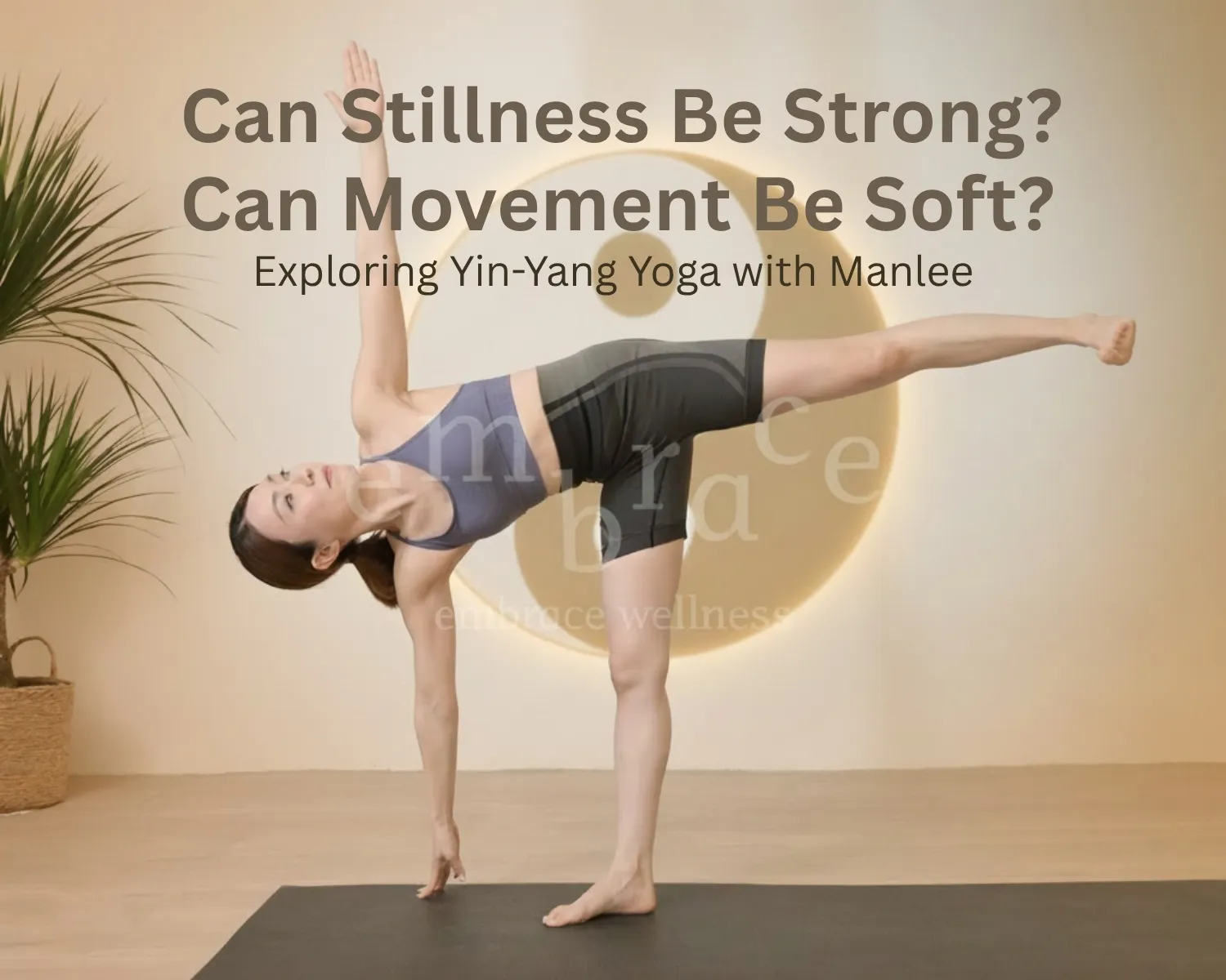 Manlee W, yoga teacher from Newbury, Berkshire, demonstrating Half Moon Pose in a Yin-Yang Yoga practice, showing mindful strength, balance, and breath-led movement.