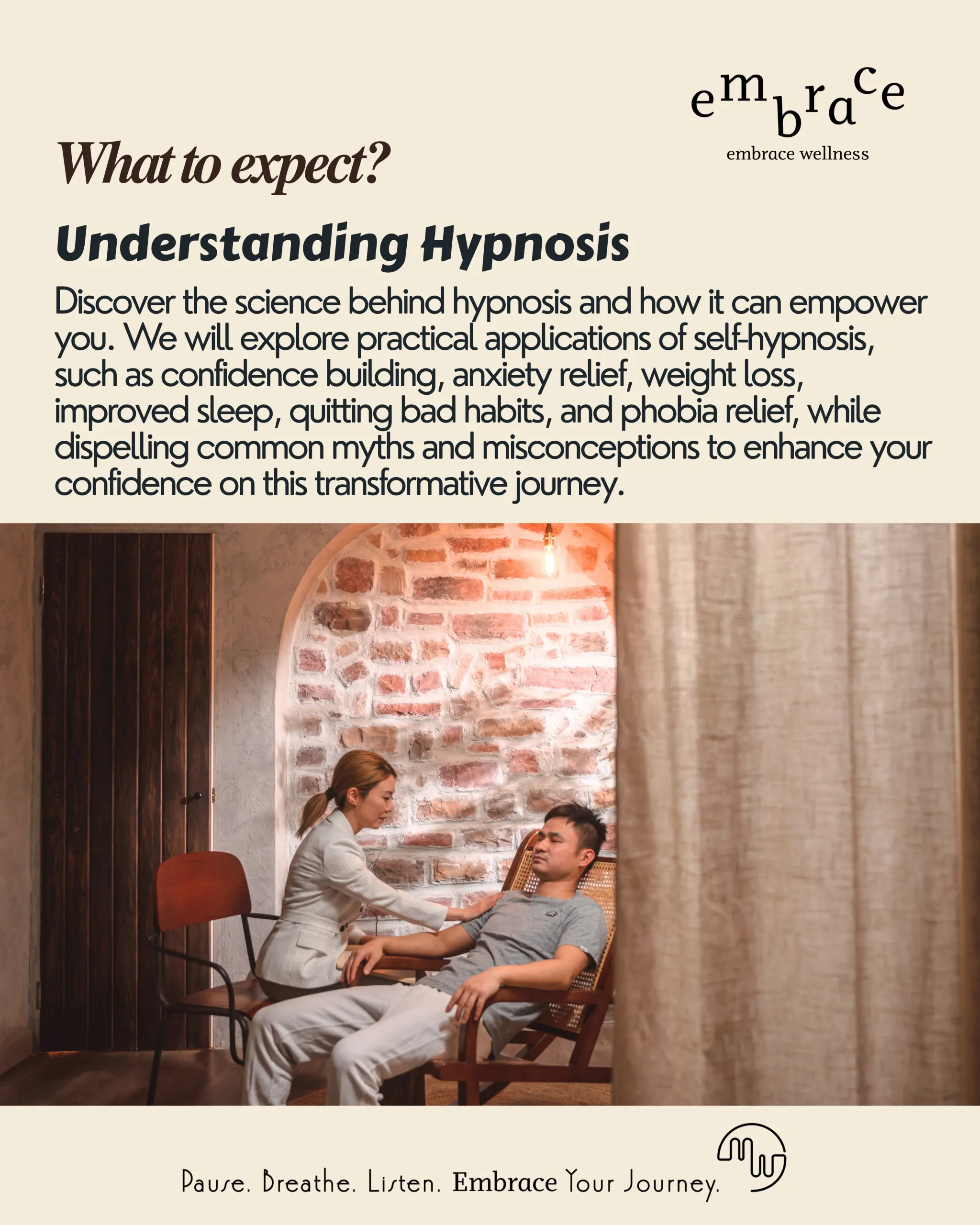 Professional hypnotist teaching science and benefits of self-hypnosis to participant for anxiety relief and confidence building