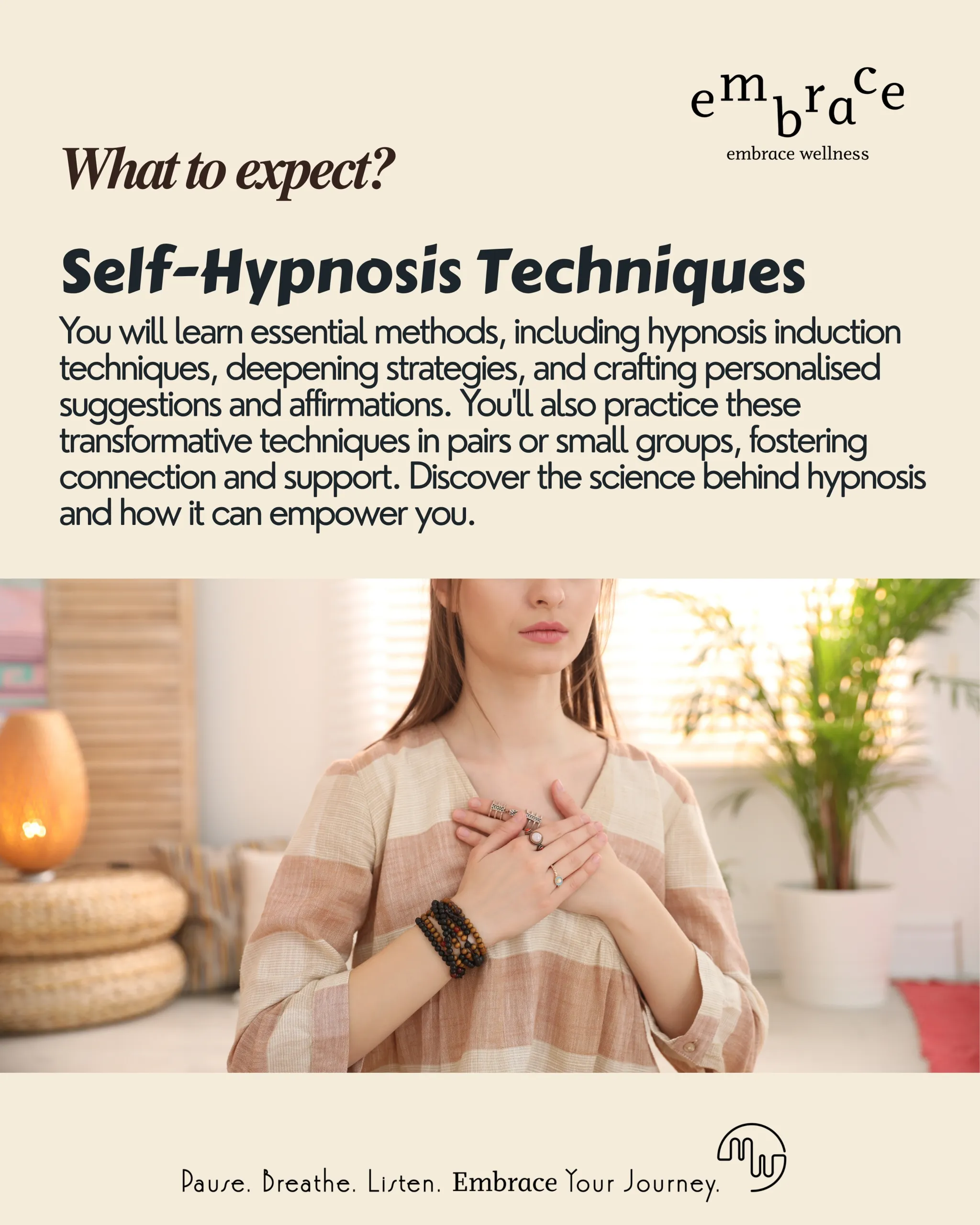 Woman practicing self-hypnosis and mindfulness hand gesture during personal transformation workshop