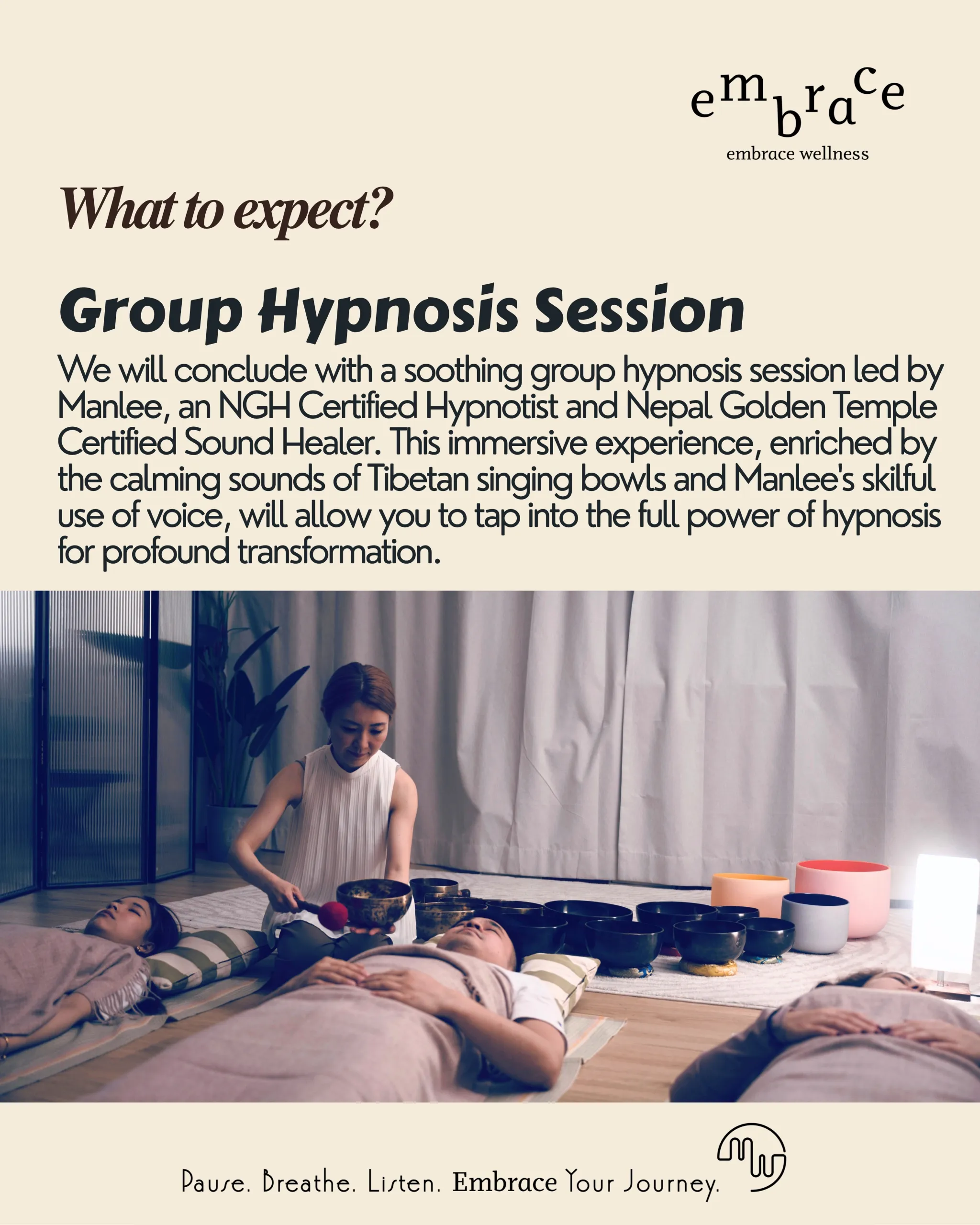 Muiti-certified Hypnotist and Sound Healer Manlee W leading a group hypnosis session with Tibetan singing bowls and crystal singing bowl for relaxation and transformation