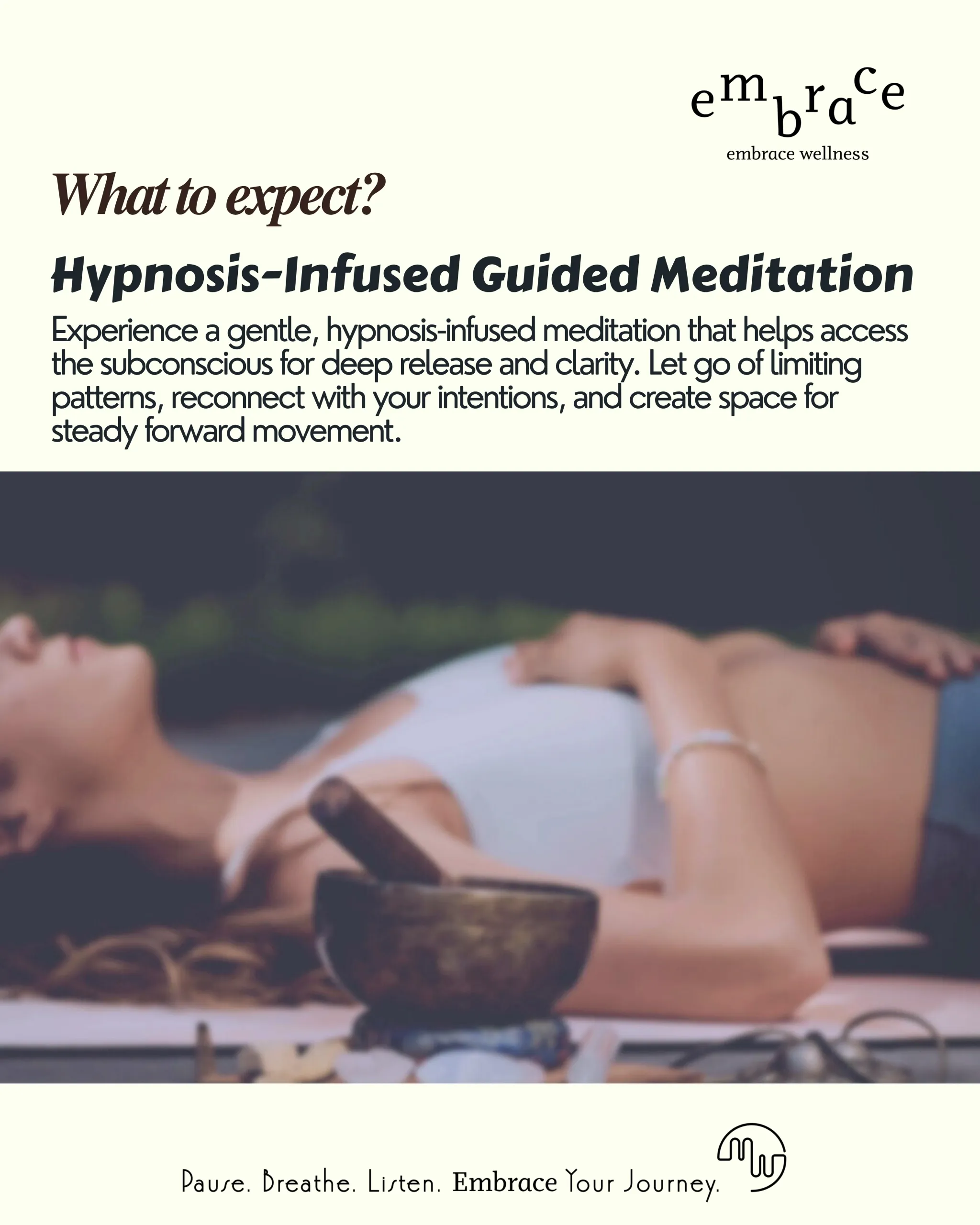 Woman lying peacefully during hypnosis-infused guided meditation session with Tibetan and crystal sound bowls near her
