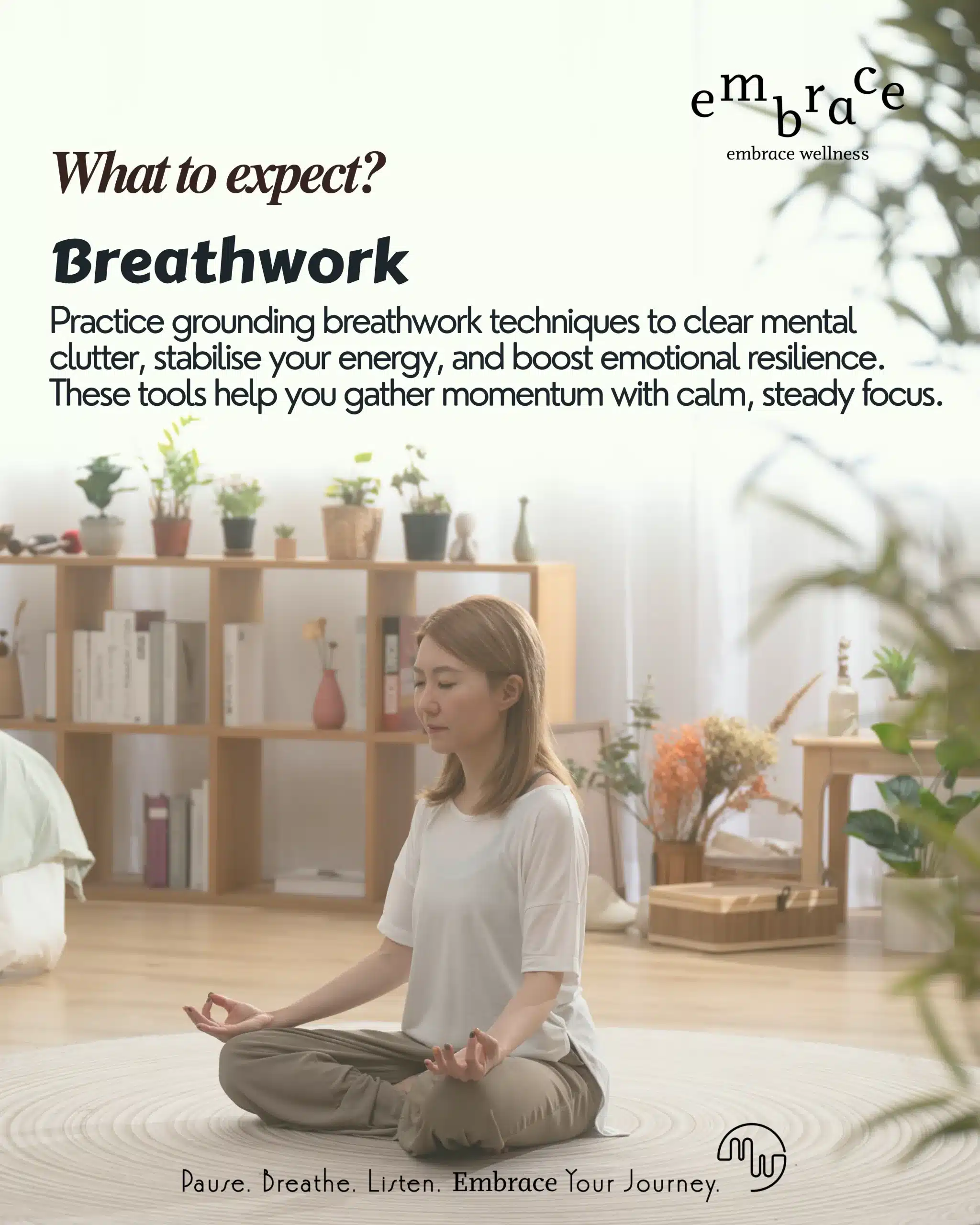 Yoga teacher and wellness coach Manlee practicing mindfulness breathwork meditation in a serene home studio setting
