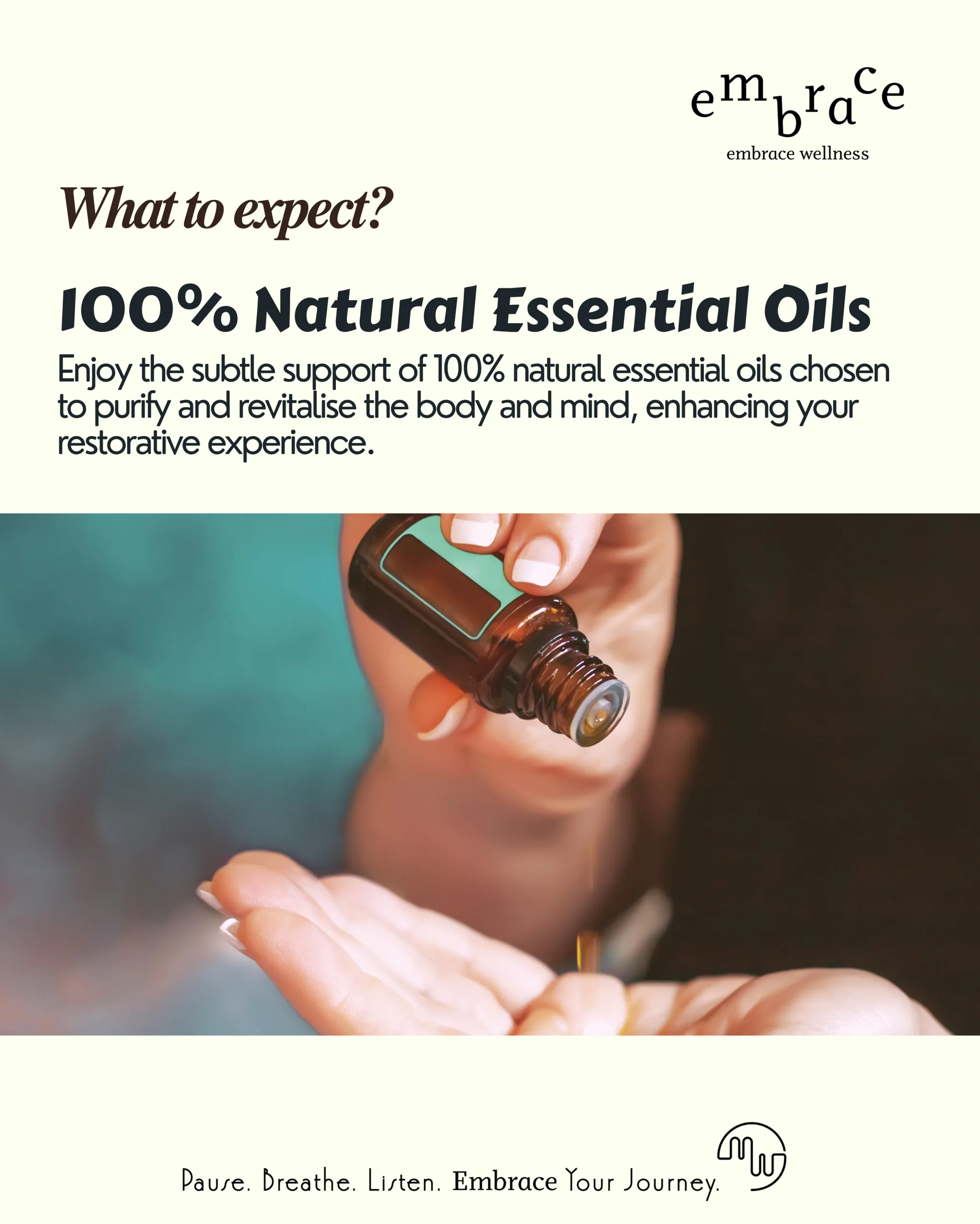 Close-up of hands pouring drops of natural essential oil for aromatherapy meditation