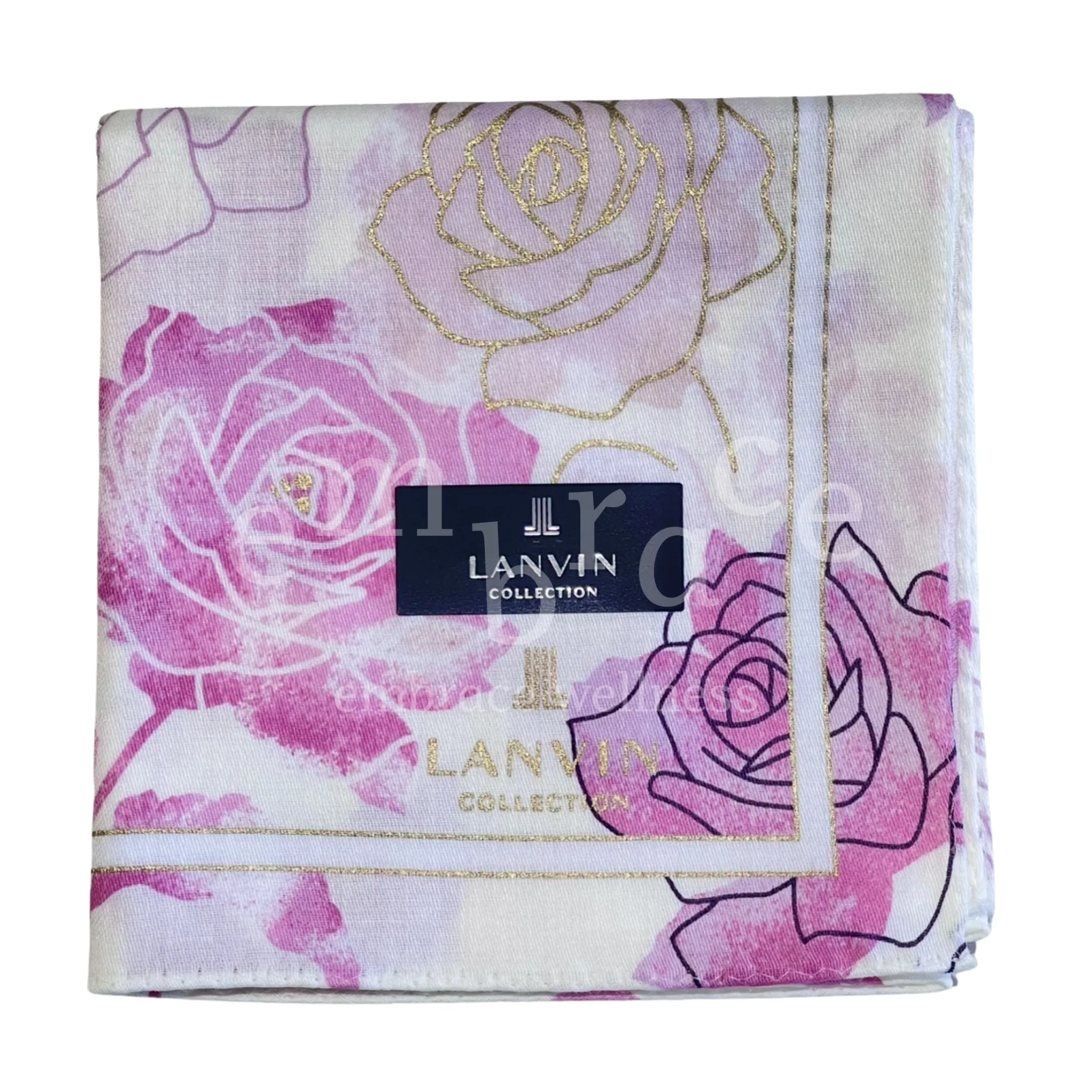 Lanvin Collection 100% cotton handkerchief made in Japan with pink rose watercolour print and gold foil detail