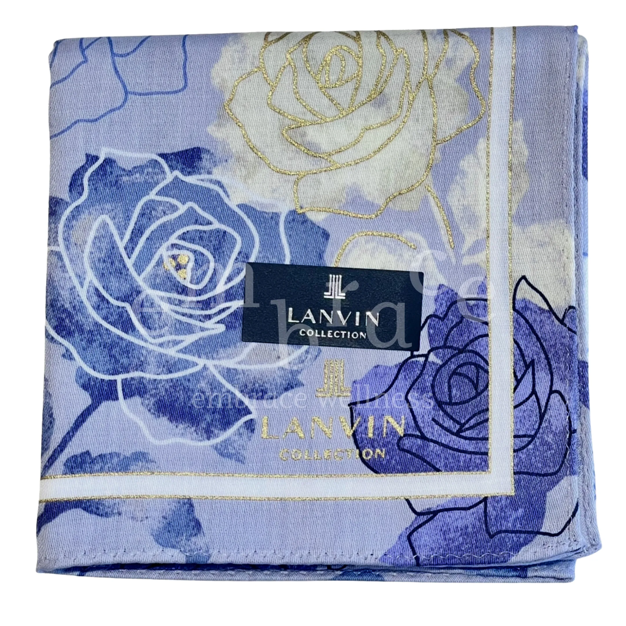 Lanvin Collection 100% cotton handkerchief made in Japan with purple rose watercolour print and gold foil detail