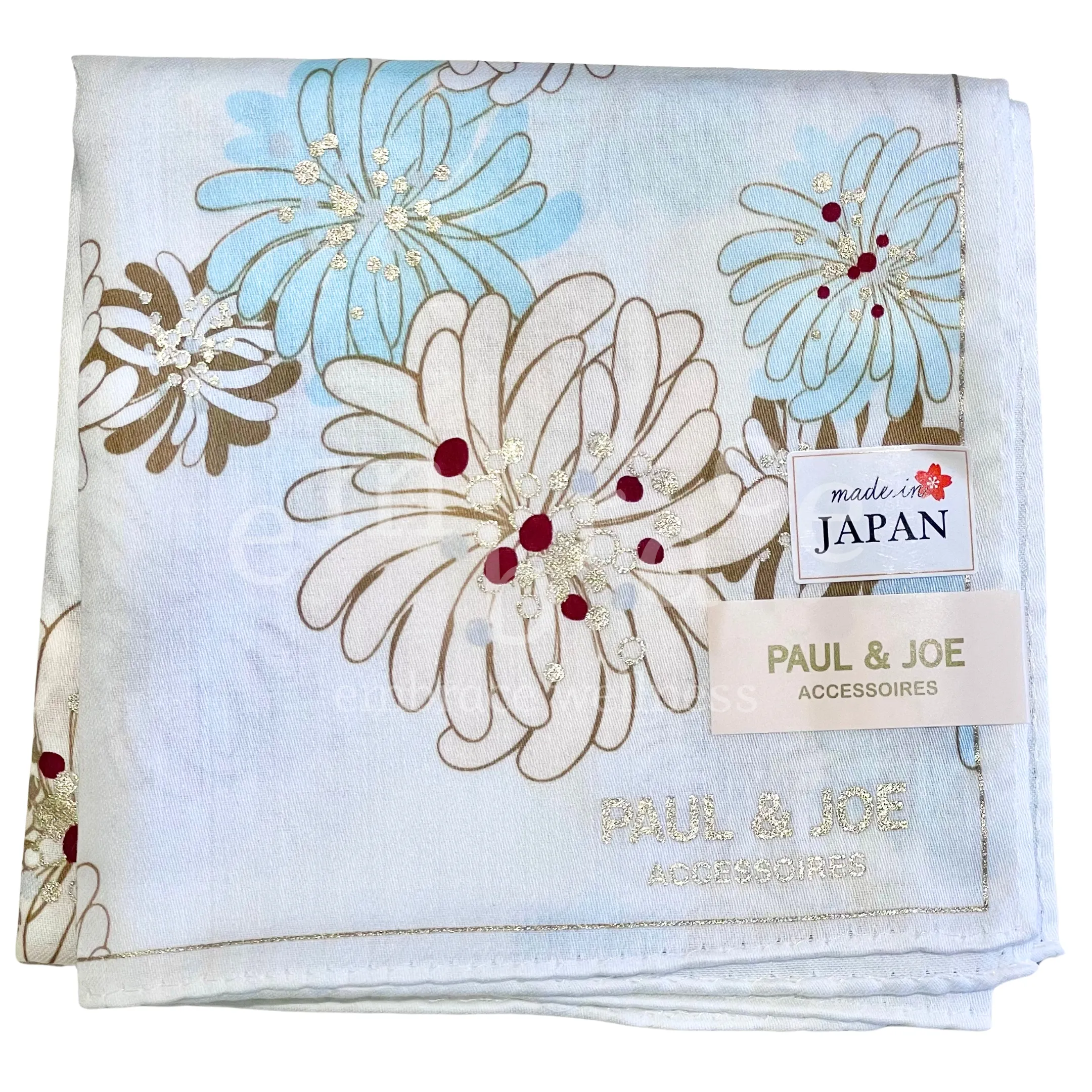 Paul & Joe Accessoires white cotton handkerchief folded with chrysanthemum floral print and Made in Japan label