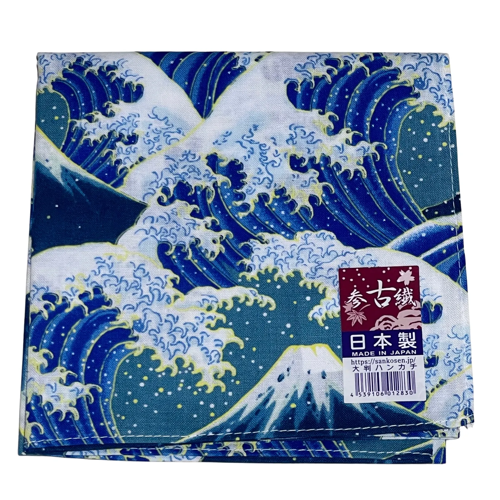 Ukiyo-E Floating World Japanese Handkerchief folded with Made in Japan label – Hokusai Great Wave 100% cotton eco handkerchief UK