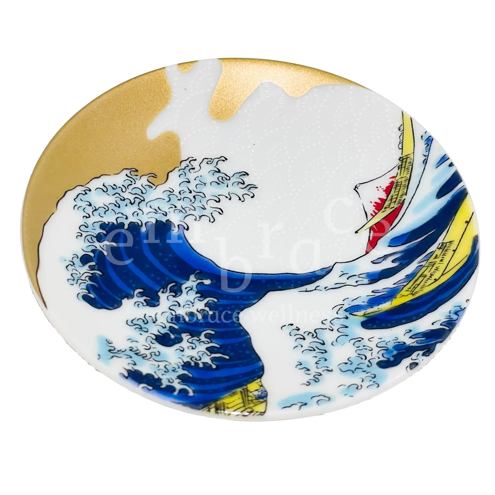 Ukiyo-E Floating World Plate | Handmade in Japan | Great Wave decorative plate with gold finish and cobalt blue waves, 9.5cm, Embrace Wellness UK