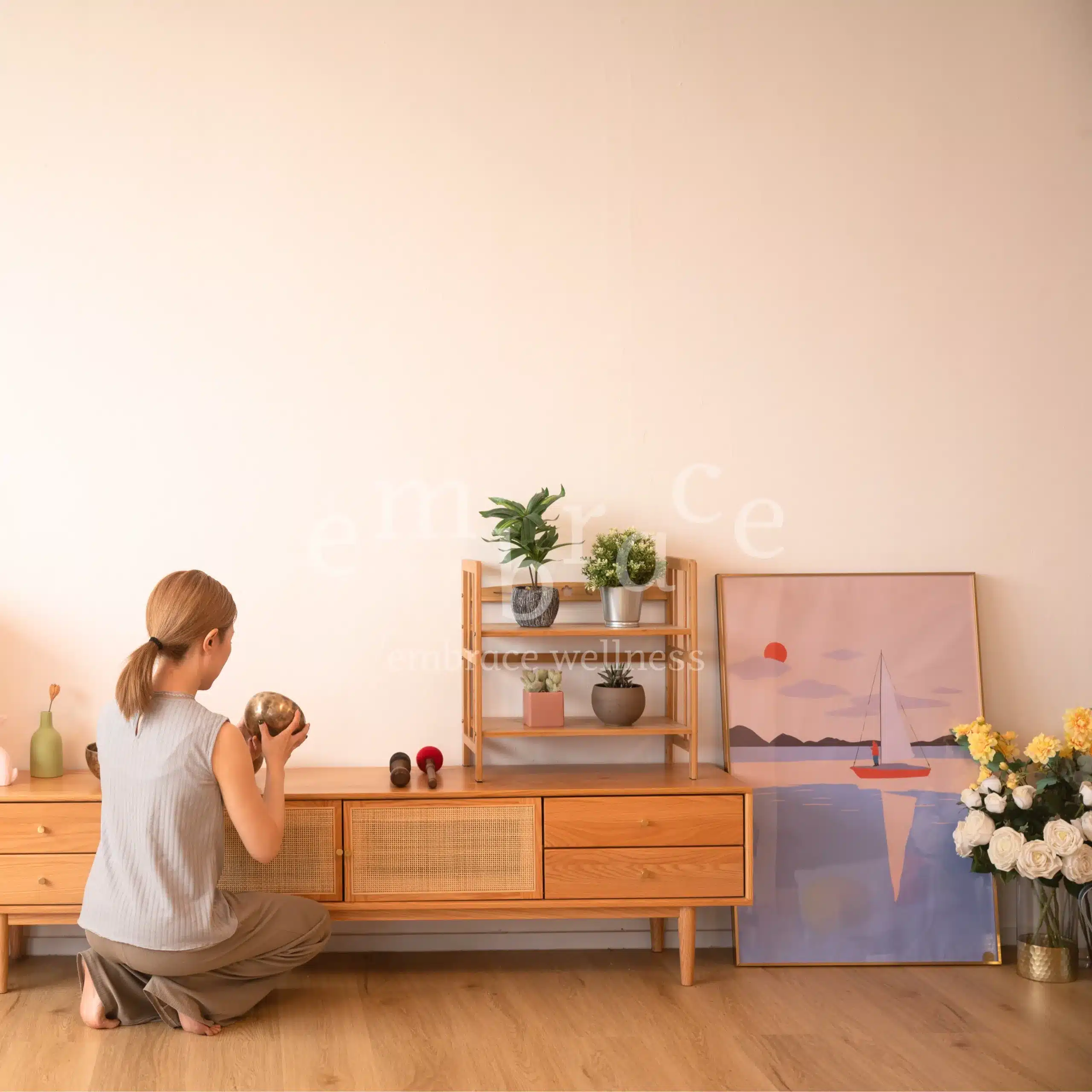 Manlee W, yoga teacher and sound healer at Embrace Wellness Newbury Berkshire, kneeling mindfully with a Tibetan singing bowl at a warm and cozy home