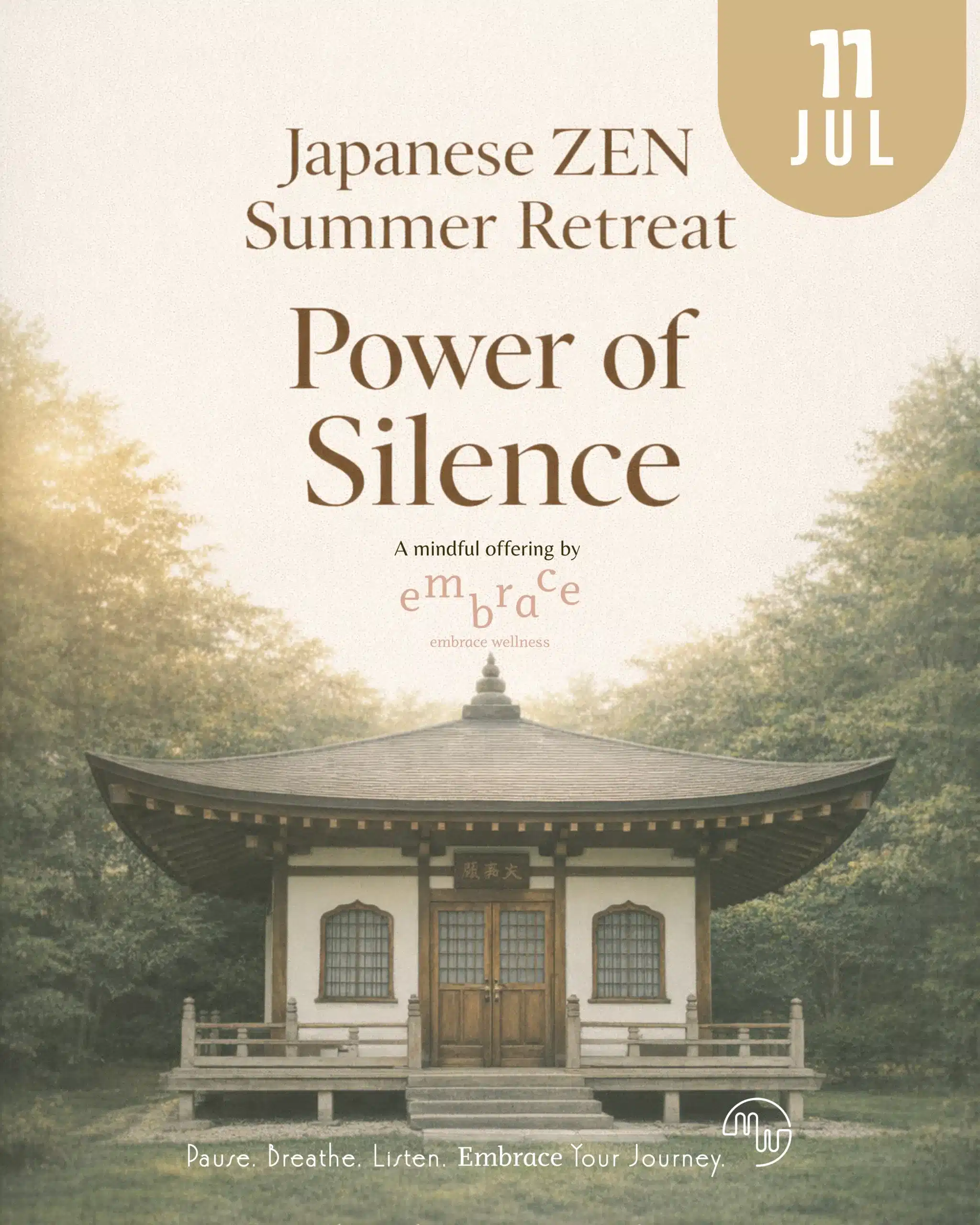 Japanese Zen Summer Retreat poster by Embrace Wellness by Manlee W for a wellness event at The Donnington Grove Hotel in Newbury, Berkshire