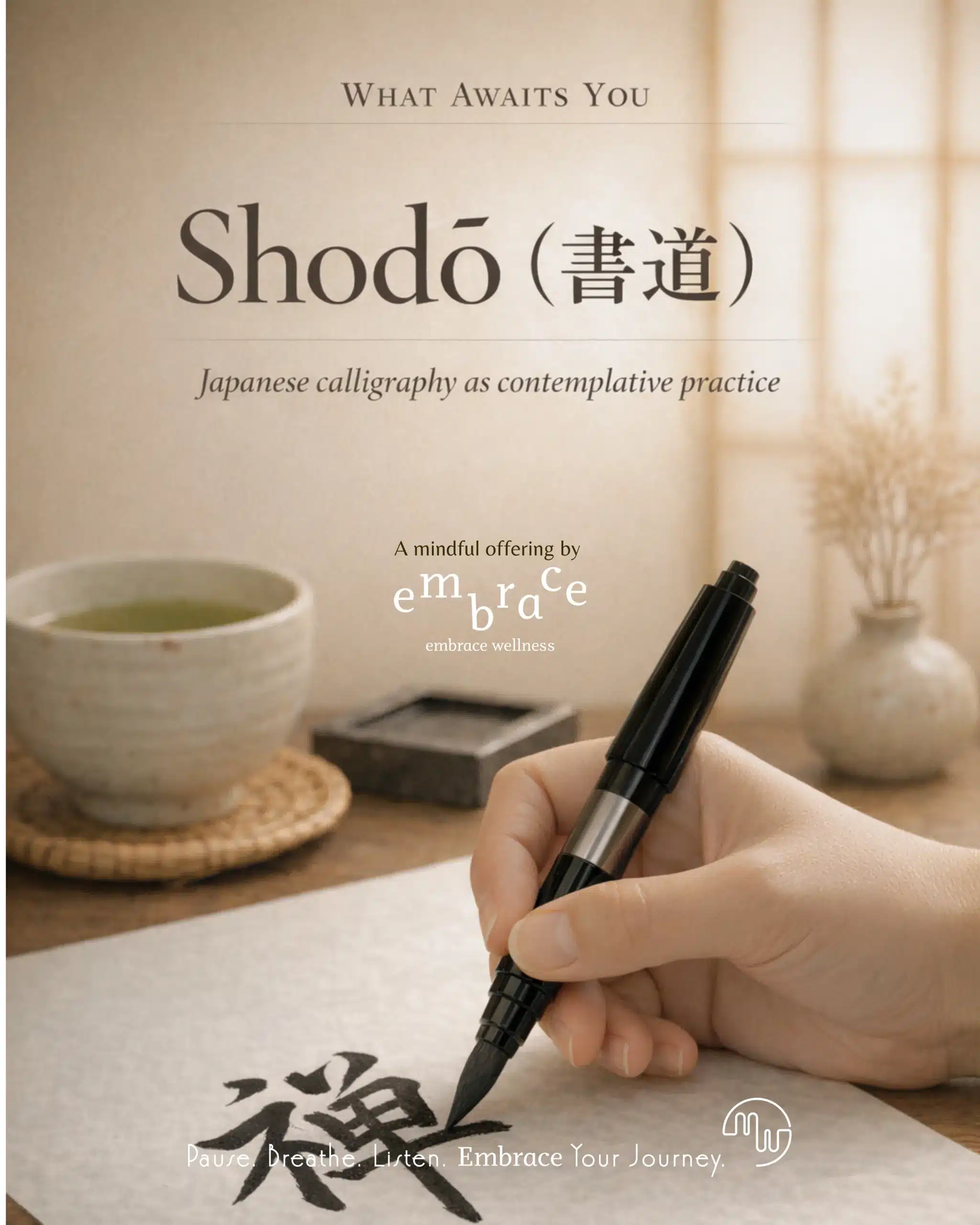 Writing the Zen character 禅 as a mindful practice at a Japanese Zen summer retreat in Newbury, West Berkshire on 11 July 2026