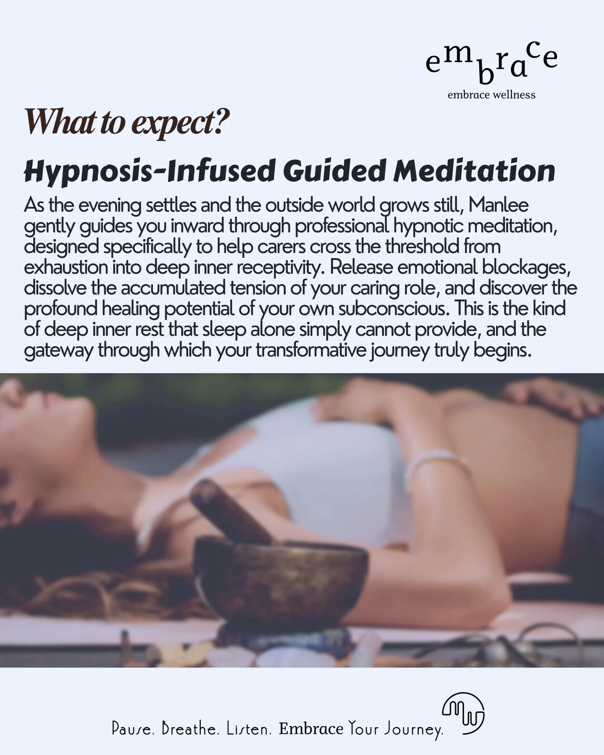 Person lying in deep relaxation during a hypnosis-infused guided meditation session for carers at Embrace Wellness in Newbury Berkshire
