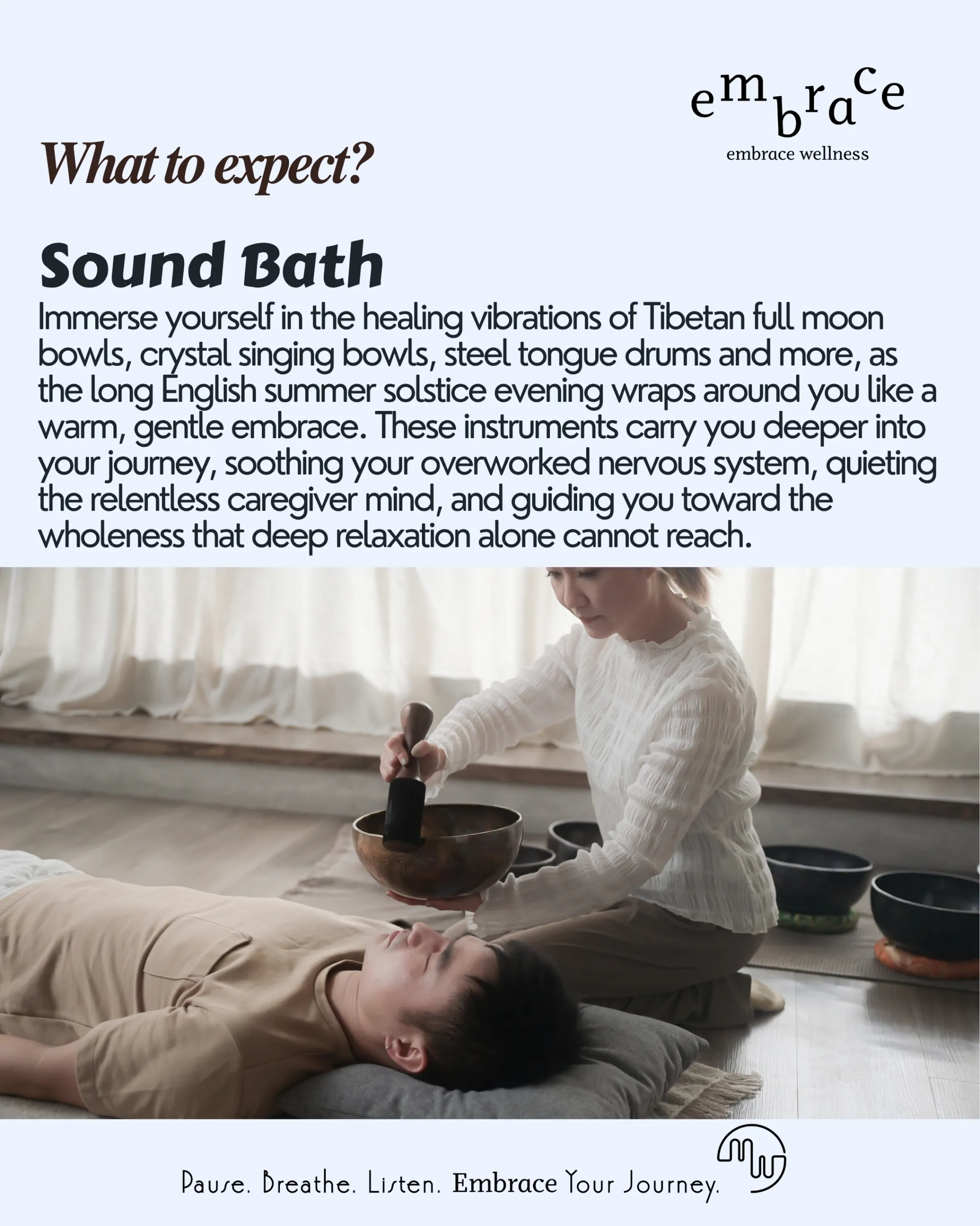 Sound Bath Practitioner and Sound Healing Therapist Manlee W playing Tibetan singing bowl beside a resting man during a carer wellness evening at Embrace Wellness in Newbury West Berkshire