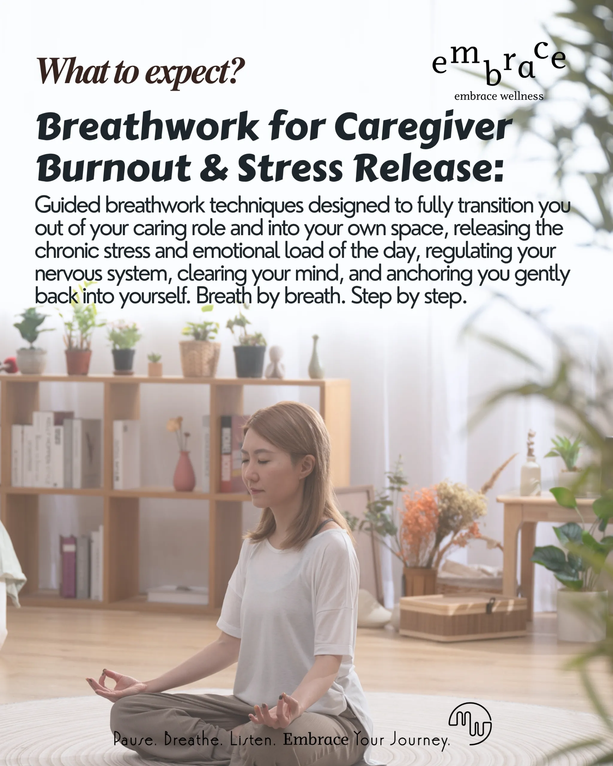 Multicertified sound healer, yoga teach, hypnotist and wellness coach Manlee W sitting in meditation pose practising guided breathwork for caregiver burnout and stress release at Embrace Wellness in Newbury Berkshire