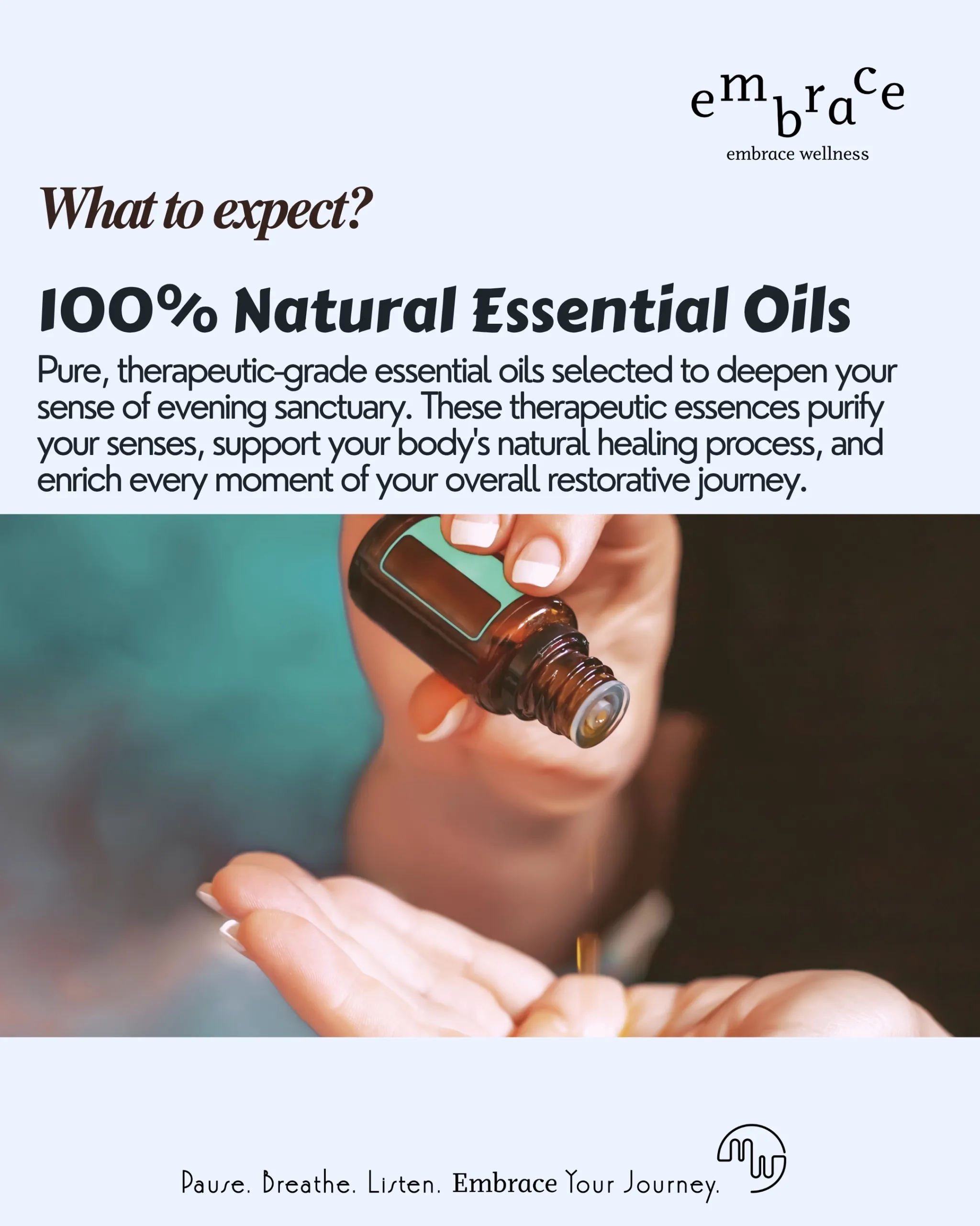 Therapeutic-grade essential oil poured from amber roller bottle into open palm during Embrace Wellness carer self-care event in Newbury Bershire