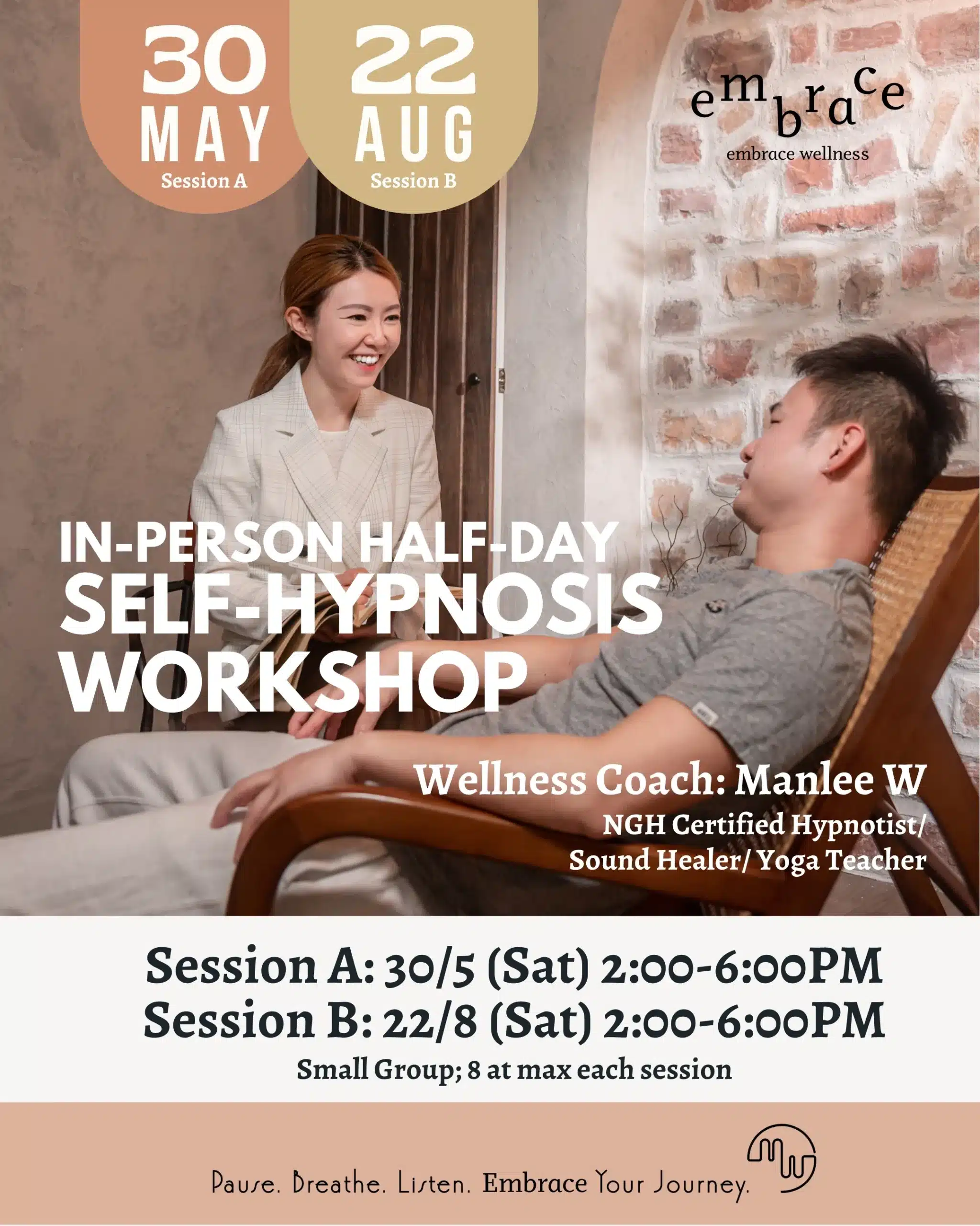 Professional hypnotist Manlee W guiding a participant during an in-person self-hypnosis workshop in Newbury Berkshire. Upcoming Self Hypnosis Workshop with Embrace Wellness by Manlee W in Newbury Berkshire on 30 May 2026 and 22 Aug 2026.