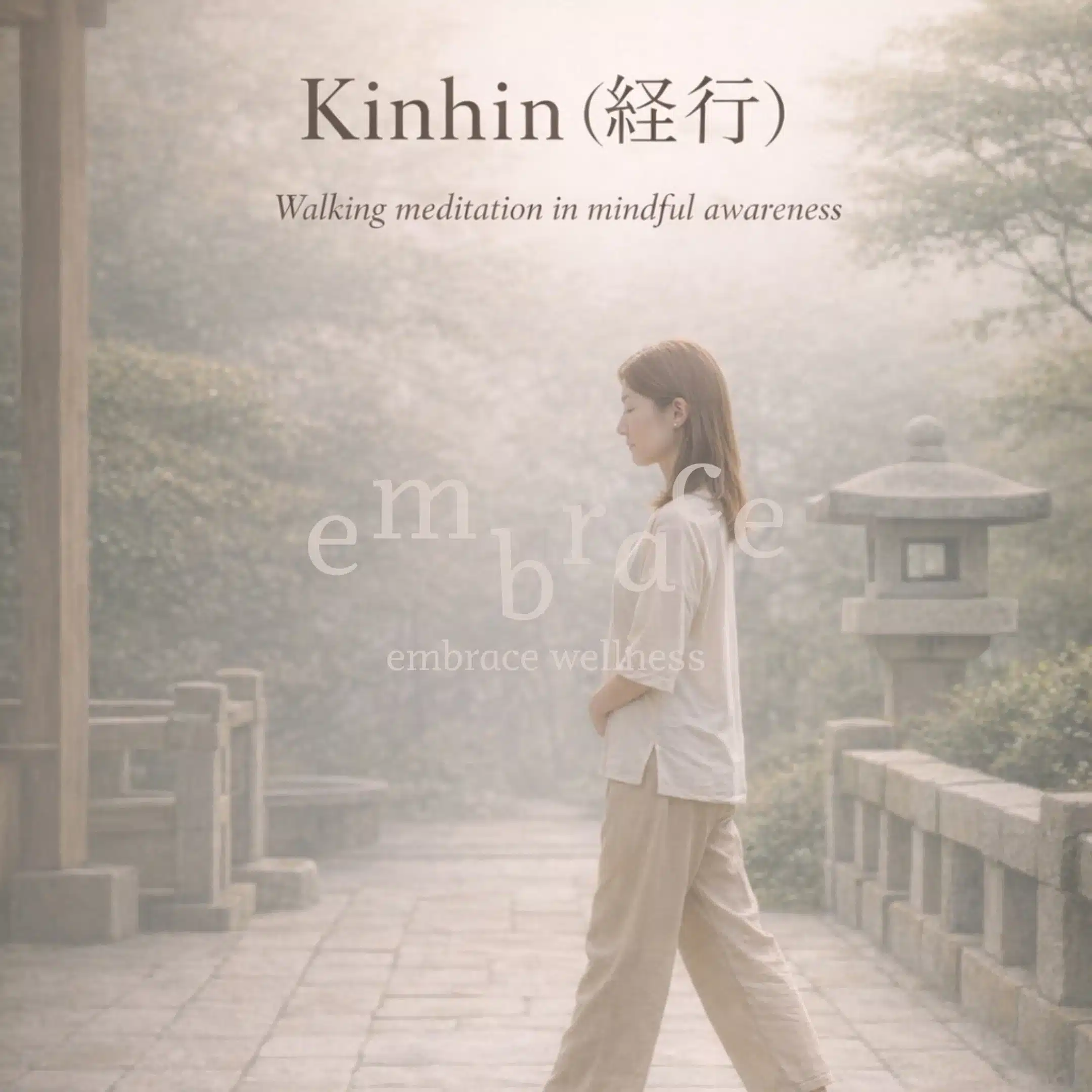 Woman practising Kinhin 経行, the Zen practice of walking meditation along a quiet Japanese temple path in soft morning light