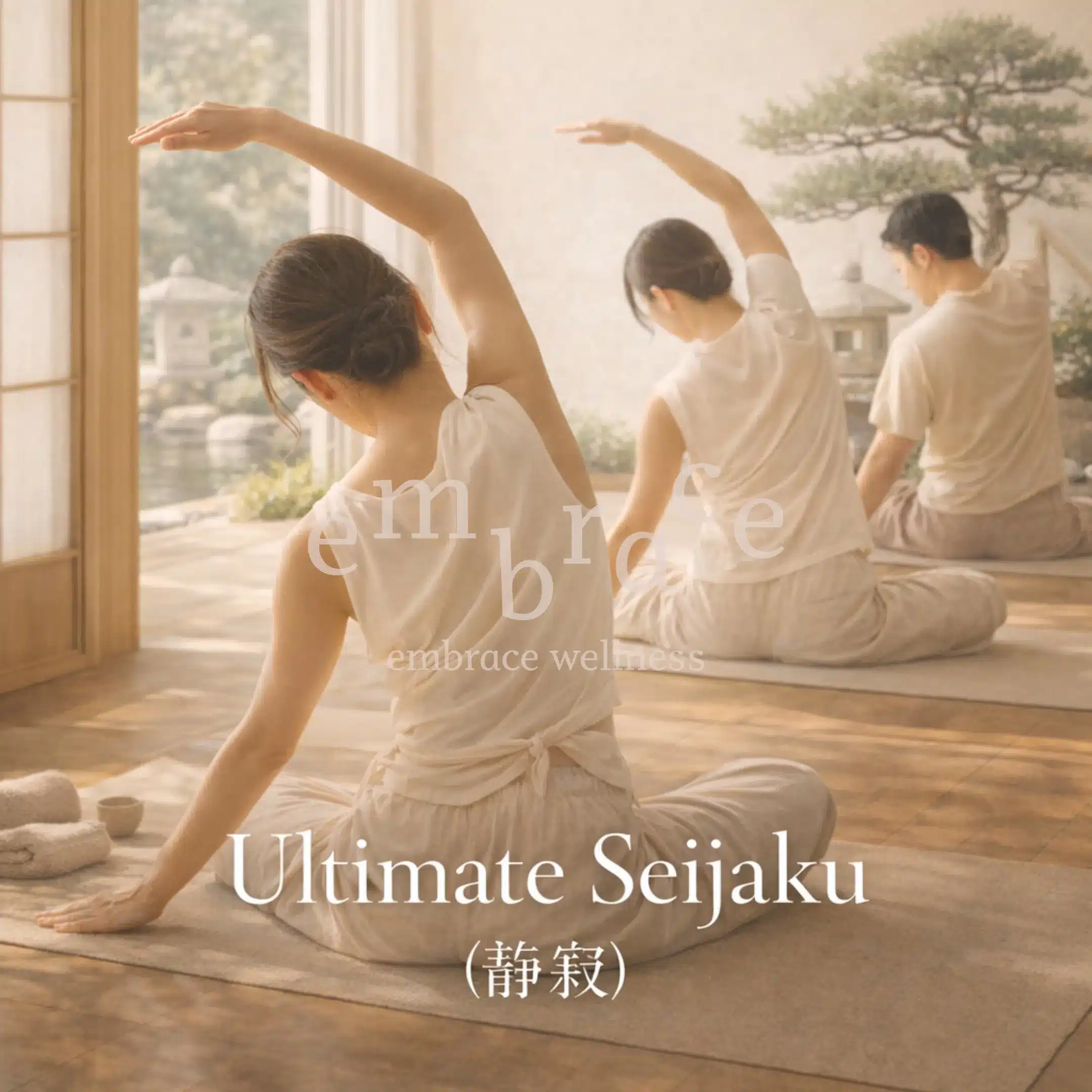 Japanese-inspired mindfulness practice in a tranquil garden setting, illustrating Seijaku 静寂 静寂, stillness within movement