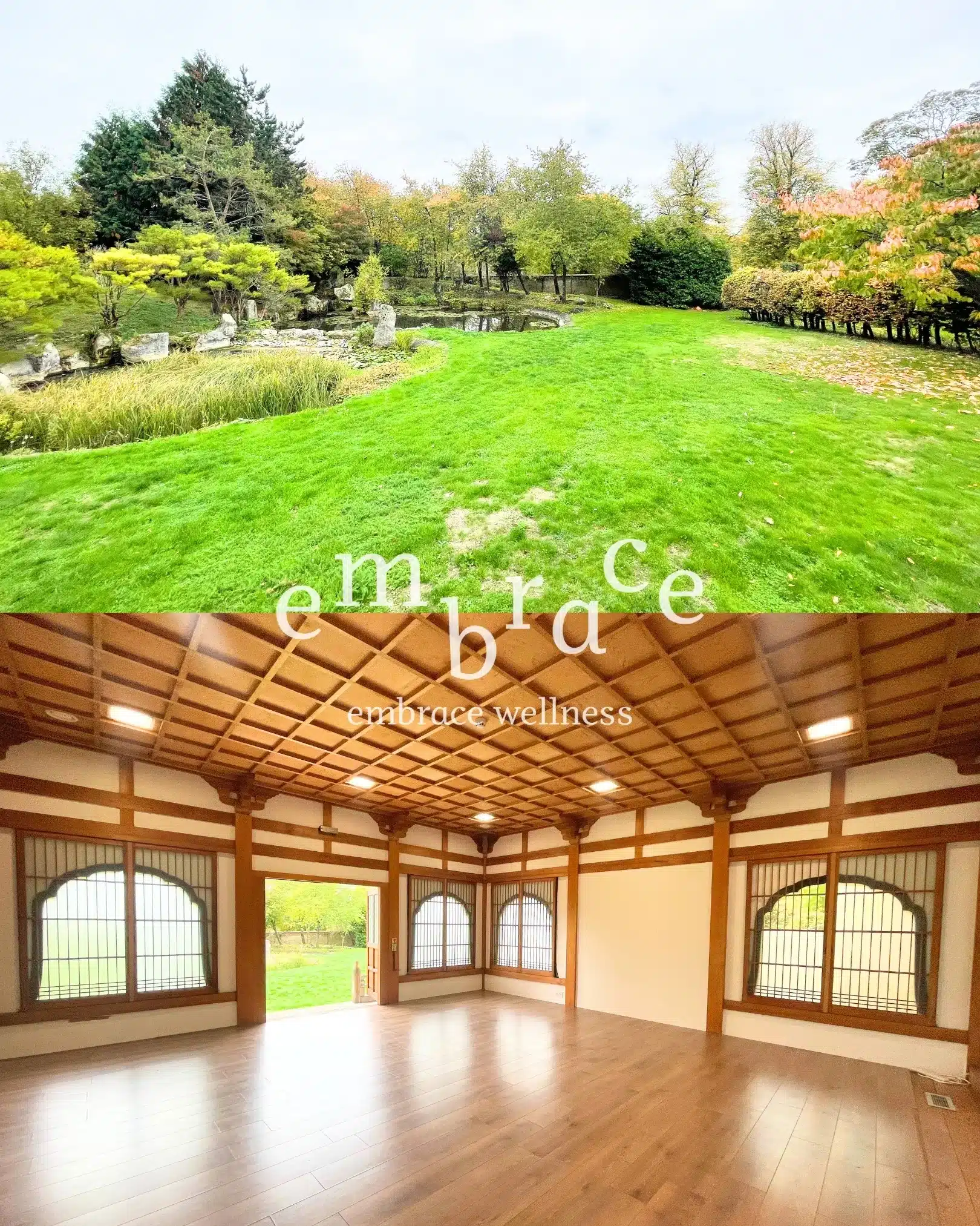 Zen garden and Japanese ZEN retreat hall at Donnington Grove in Newbury, Berkshire, for an Embrace Wellness mindfulness retreat