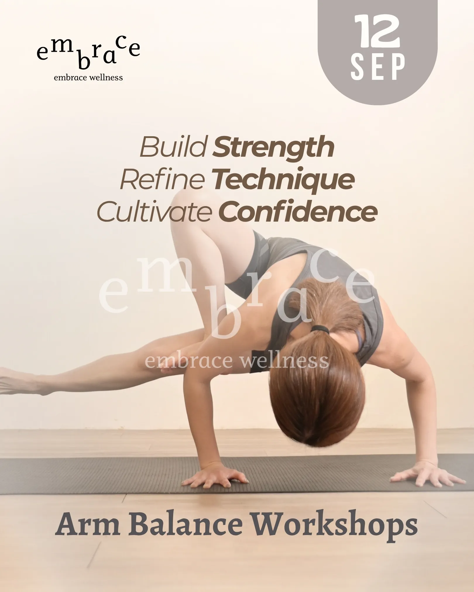 Yoga teacher performing advanced arm balance pose during yoga workshop in Newbury for beginners and improvers across Berkshire and Hampshire.