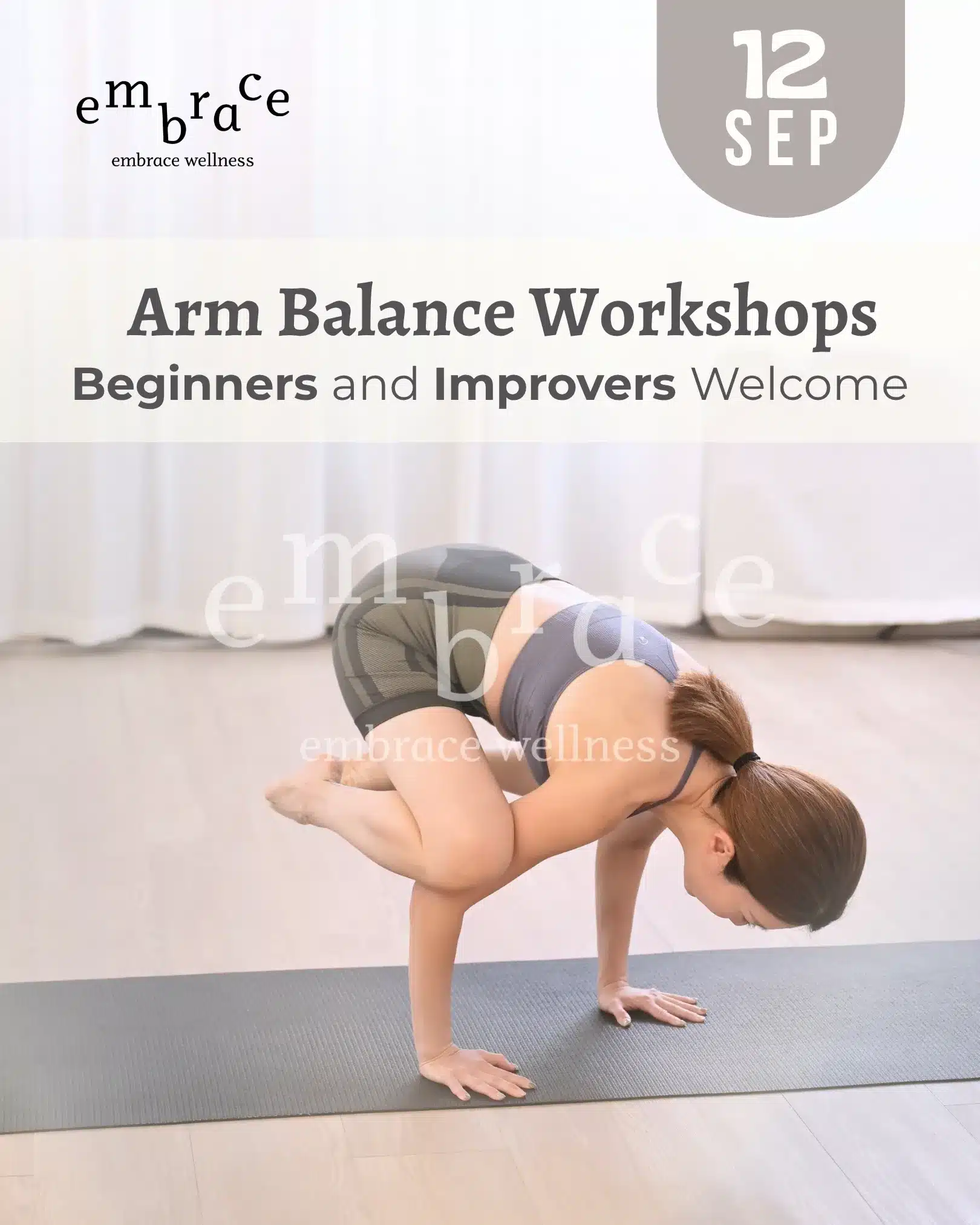 Beginner crow pose demonstrated at arm balance workshop in Newbury welcoming students from Berkshire, Hampshire and Wiltshire.