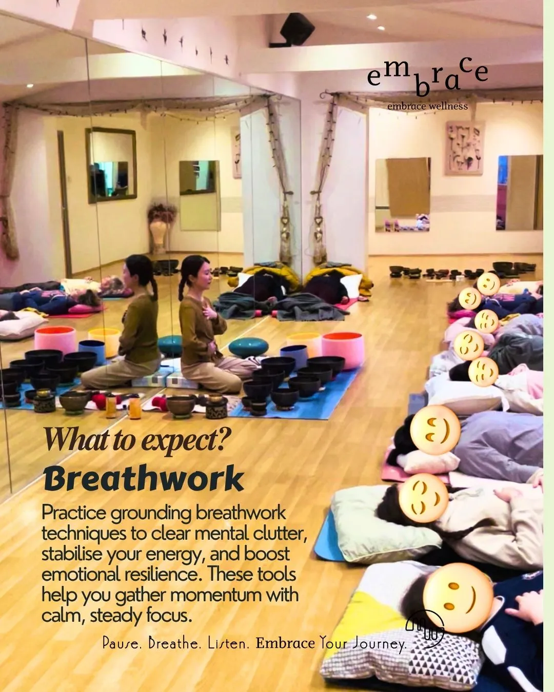 Participants lying down during grounding breathwork session at a Sound Bath in Newbury led by experienced sound healer Manlee W, Embrace Wellness