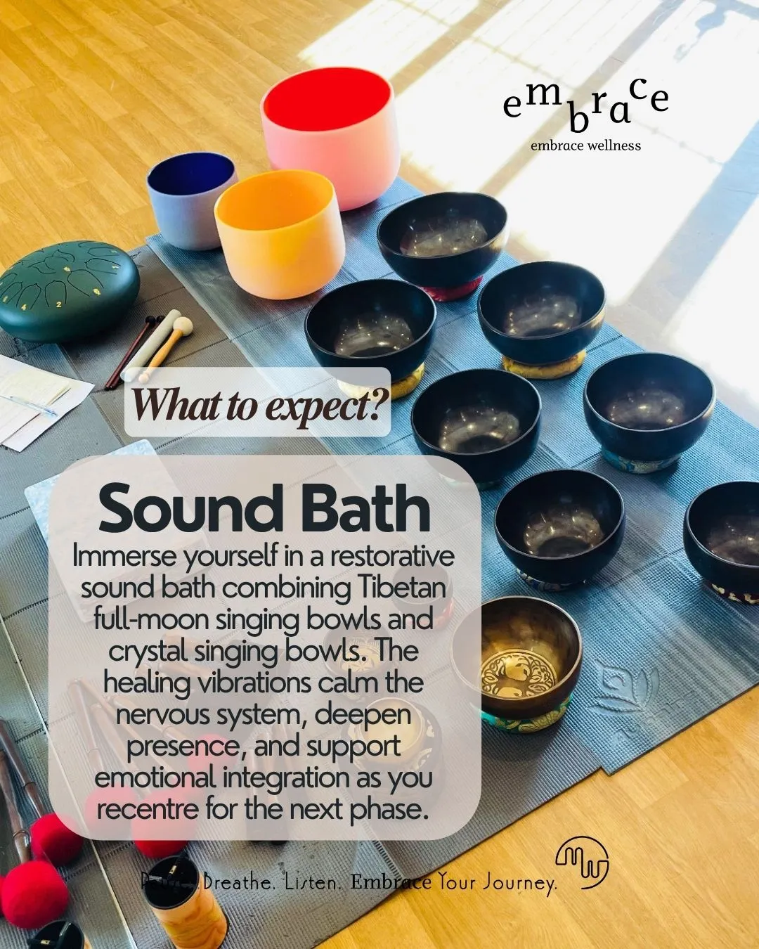 Tibetan full-moon singing bowls and colourful crystal singing bowls arranged for a restorative Sound Bath in Newbury, Berkshire – Embrace Wellness