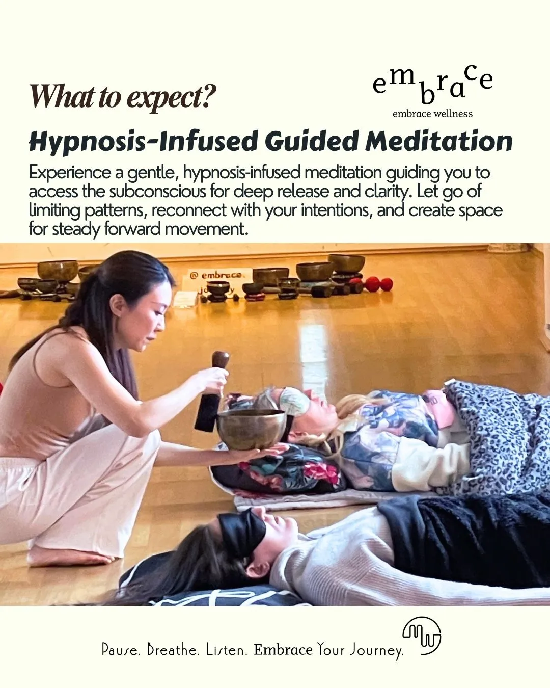 NGH Certified Hypnotist and experienced sound healer Manlee W guiding hypnosis-infused meditation with singing bowl at Newbury Sound Bath Retreat