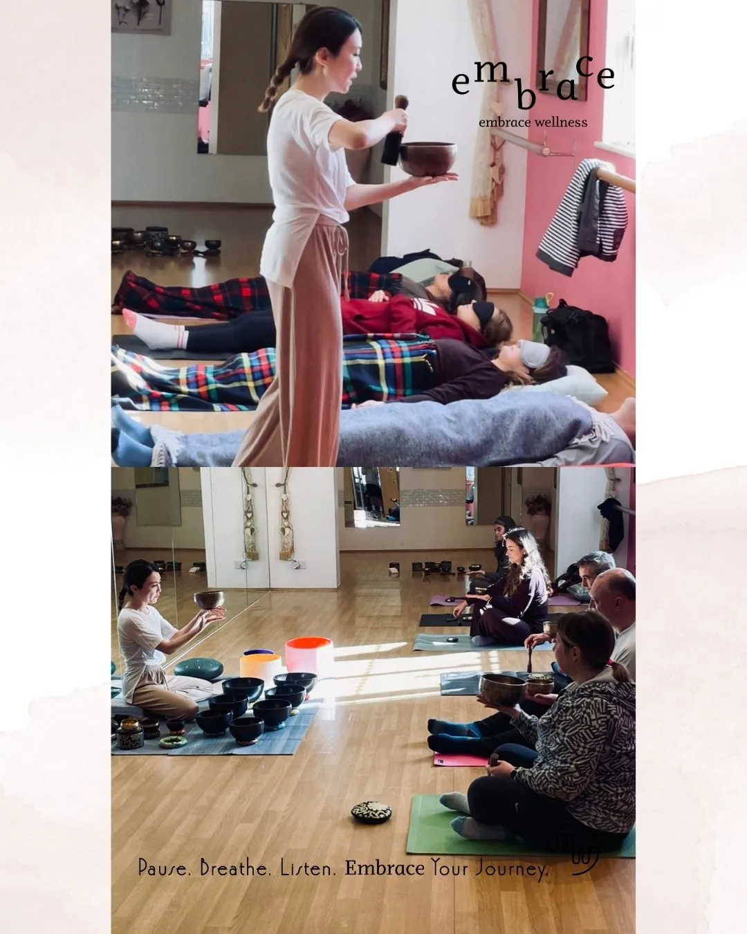 Two-panel collage of Embrace Wellness Sound Bath in Newbury – experienced sound healer guiding participants with Tibetan and crystal singing bowls in intimate group setting