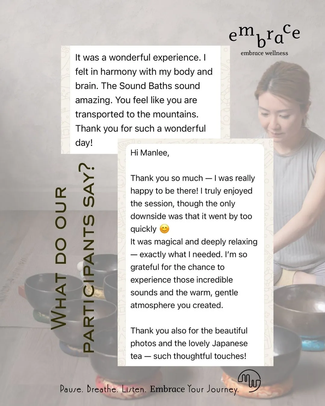 Glowing participant reviews for Embrace Wellness Newbury Sound Bath – described as "magical," "deeply relaxing," and "transported to the mountains"