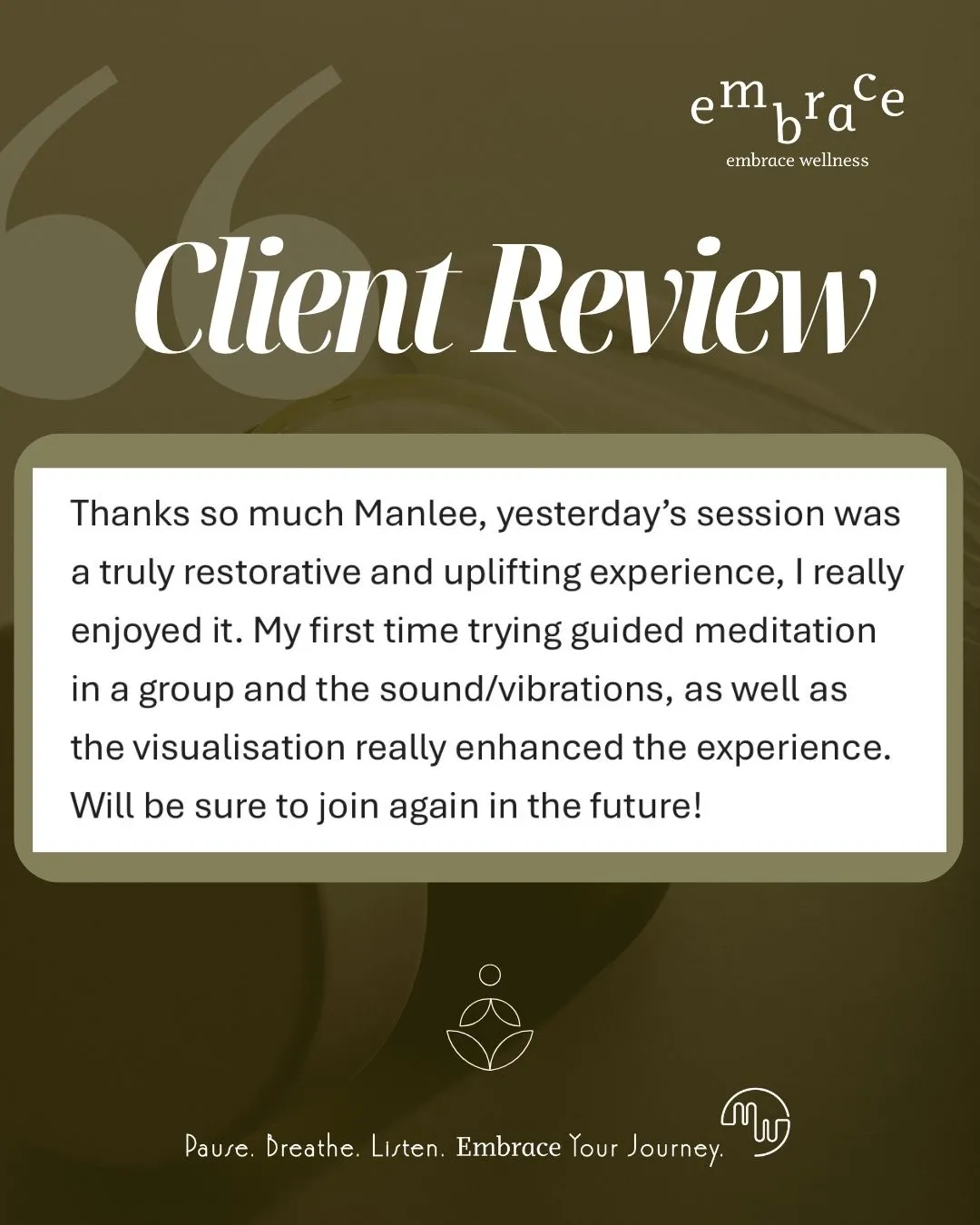 Embrace Wellness client review card for Newbury Sound Bath and Guided Meditation – "truly restorative and uplifting experience" from first-time participant