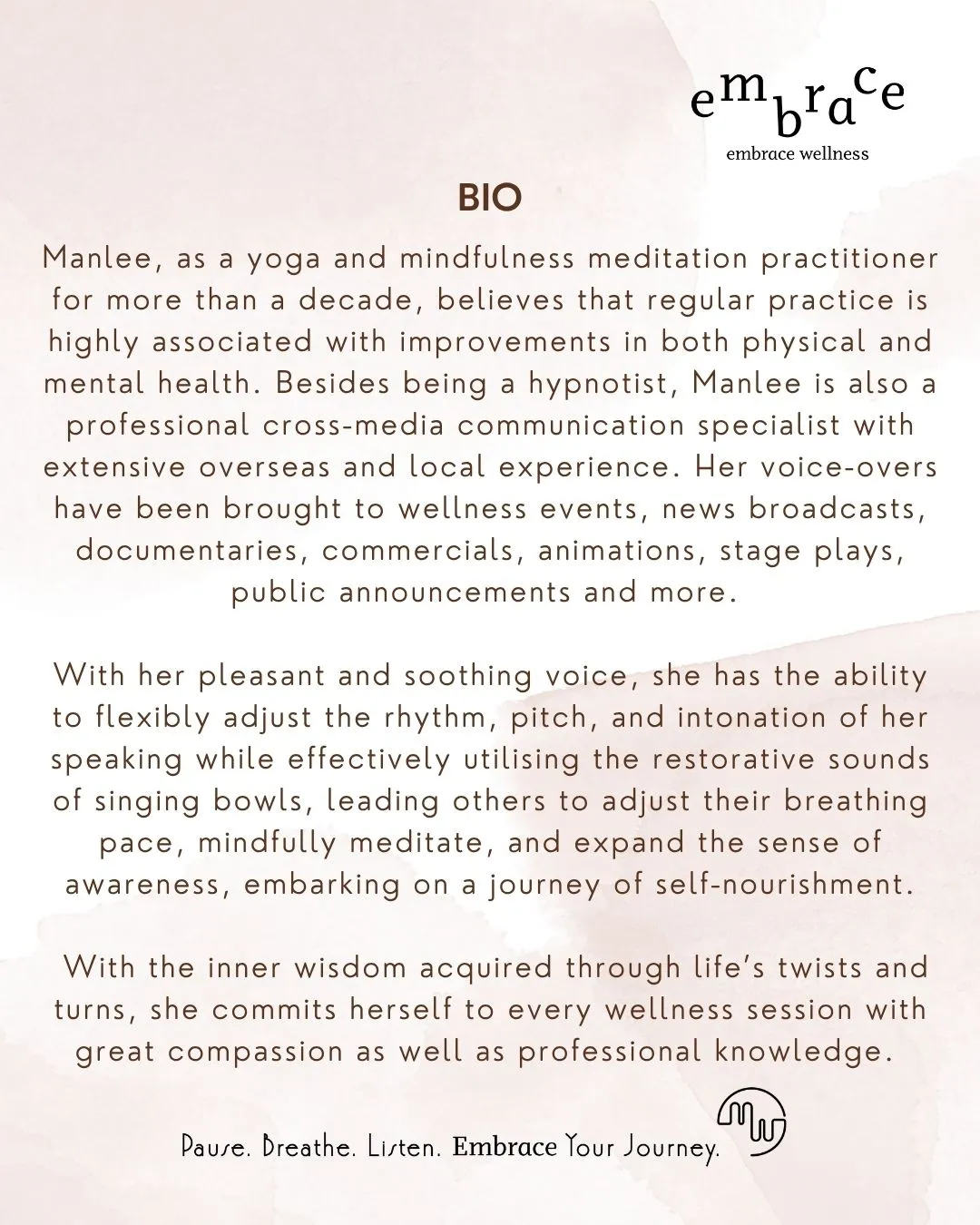 Bio of Manlee W, experienced sound healer, NGH Certified Hypnotist, yoga teacher, and wellness coach at Embrace Wellness, Newbury, Berkshire