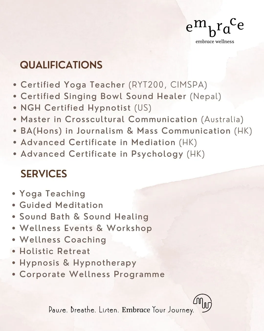 Qualifications and services of Manlee W at Embrace Wellness – certified yoga teacher, sound healer, NGH hypnotist offering Sound Bath, Guided Meditation, and wellness coaching in Newbury, Berkshire
