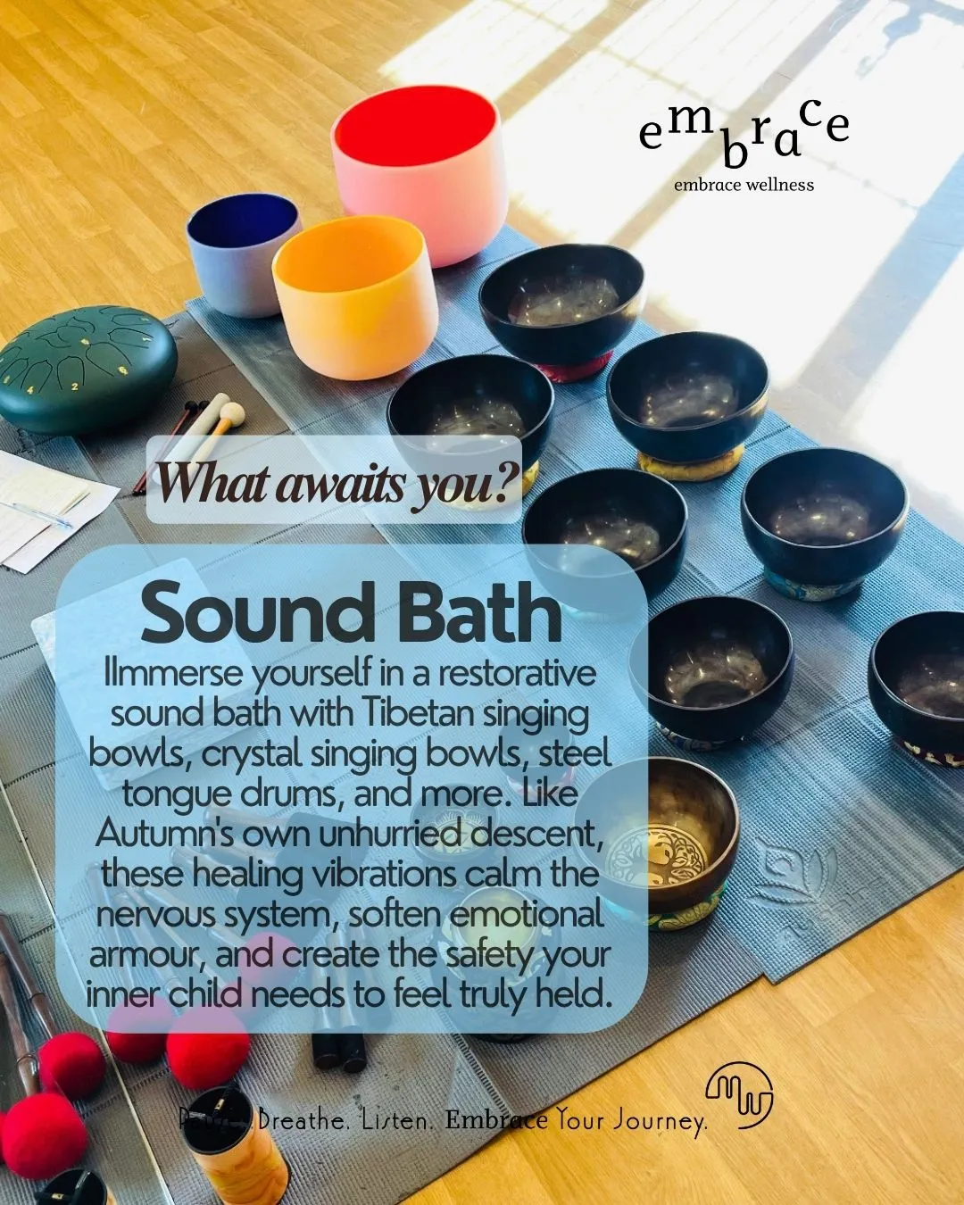 Tibetan singing bowls, crystal singing bowls, and steel tongue drum laid out for a restorative sound bath in Newbury by Embrace Wellness