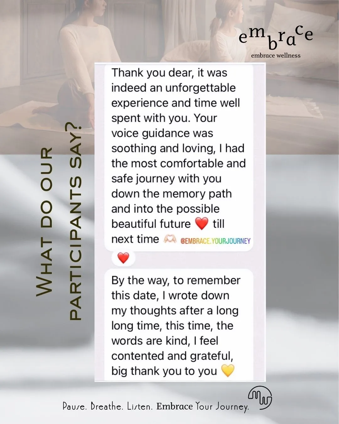 Heartfelt participant testimonial for Embrace Wellness guided meditation and sound bath – soothing voice guidance, safe journey, inner child healing