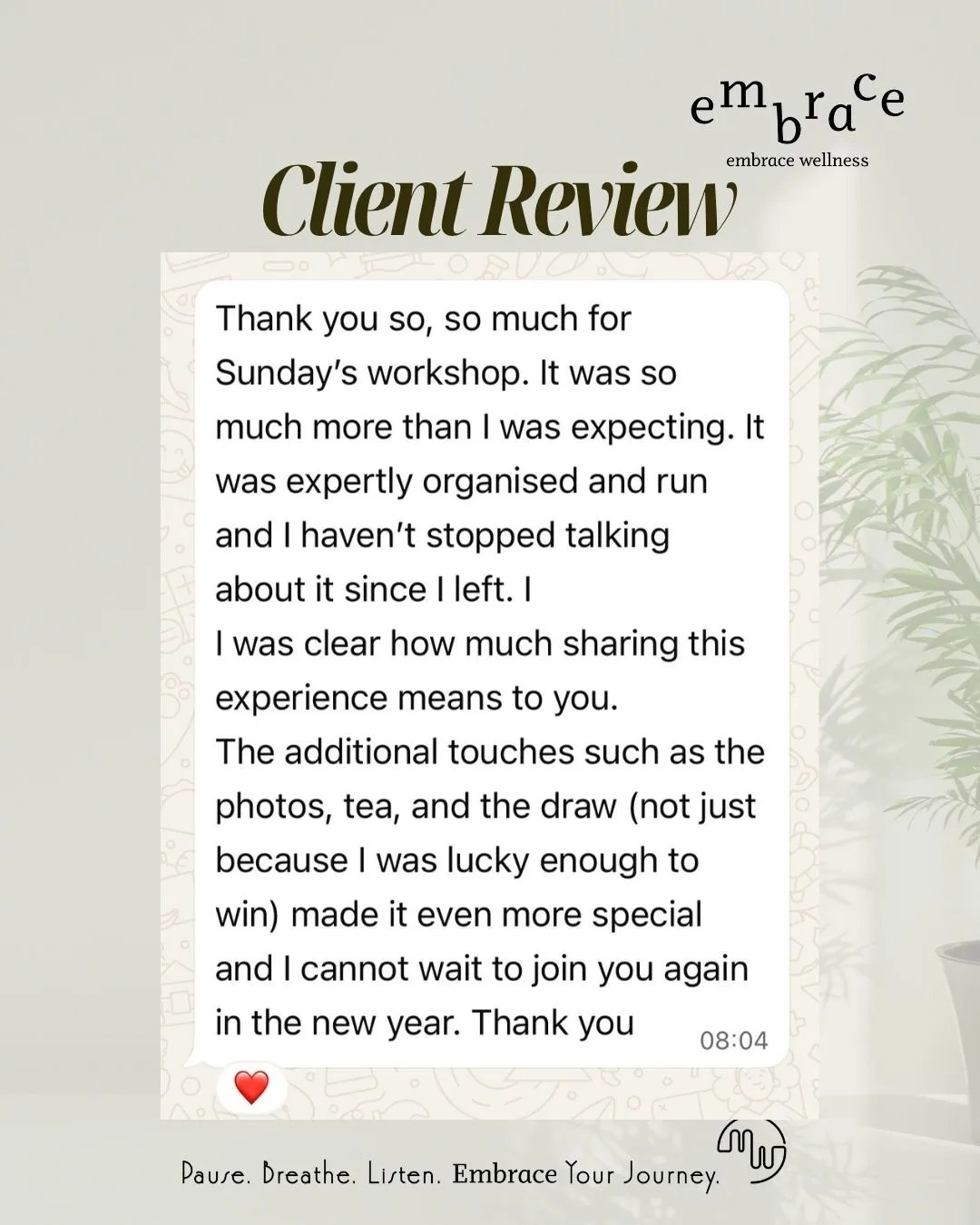 Five-star client review for Embrace Wellness sound bath Newbury – expertly organised, unforgettable workshop with Japanese tea and thoughtful touches