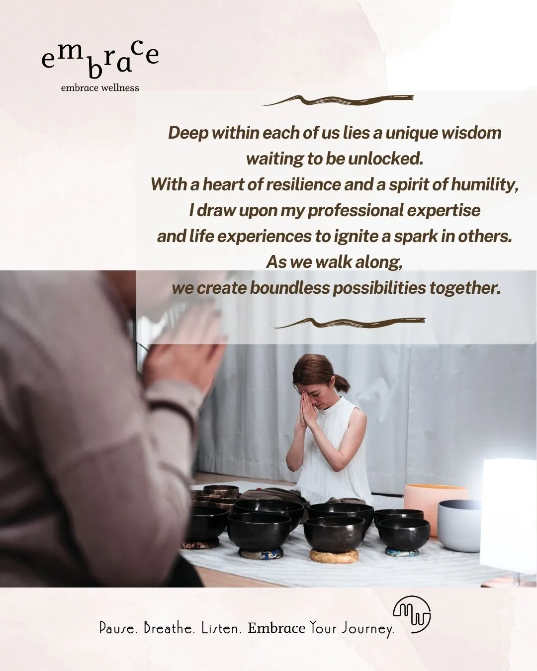 Experienced sound healer Manlee W in prayer pose with Tibetan singing bowls – Embrace Wellness philosophy: creating boundless possibilities through guided meditation and sound healing in Newbury