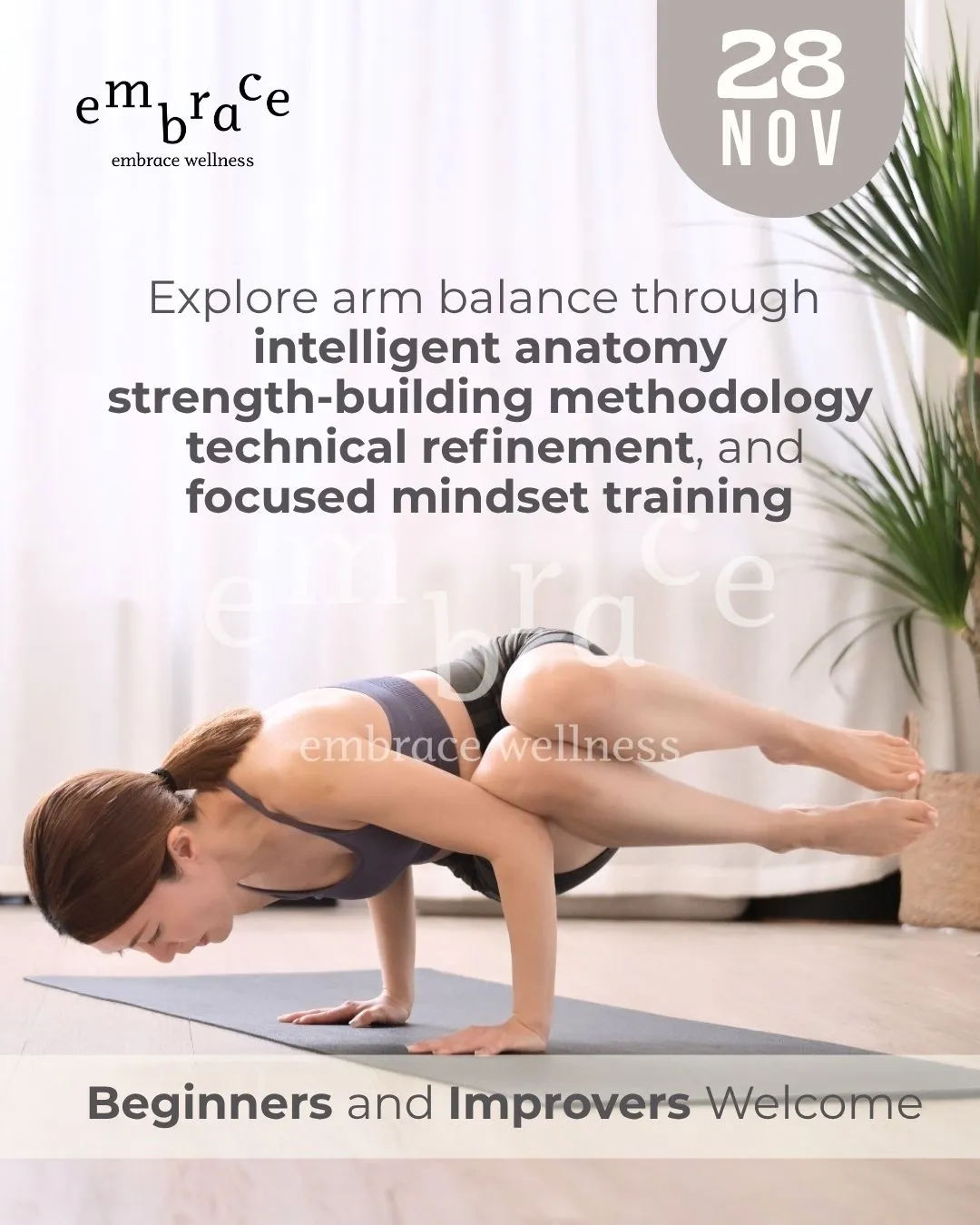 Yoga teacher Manlee W is demonstrating side crow (Parsva Bakasana) and other arm balance technique for a Weekend Yoga Workshop on 28 November 2026 in Newbury, Berkshire, welcoming students from Hampshire and Wiltshire.