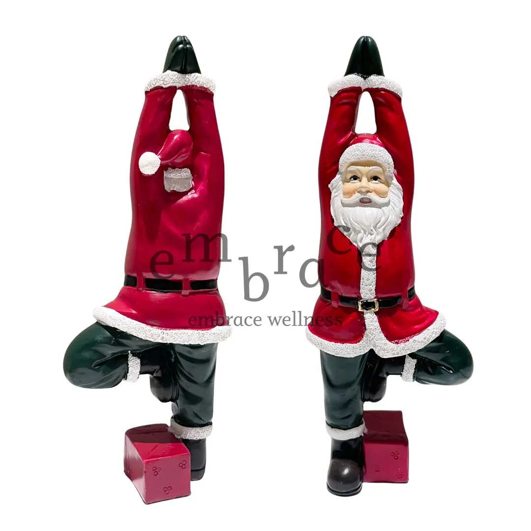 Yogi Santa Figurine Tree Pose Vrikshasana back view red green resin Christmas yoga Santa ornament from Japan Embrace Wellness